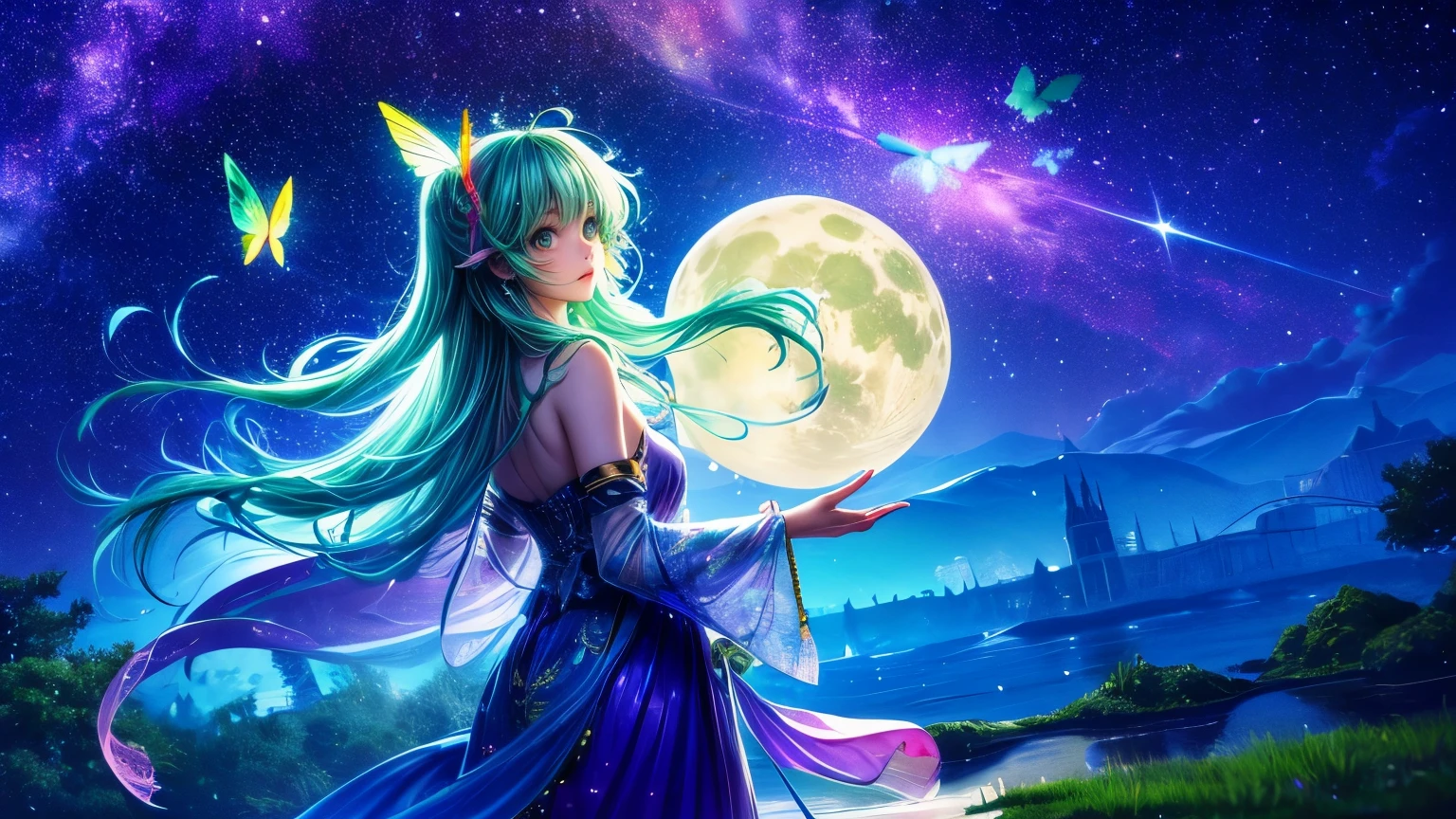 cute girl character、Green grass drawing butterflies flying over water、Looking up at the starry sky、A beautiful full moon can be seen in the night sky、Surround her with colorful nebulas and colorful forests