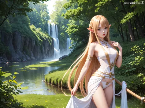 A graceful elf girl stands in a meadow, her delicate features illuminated by the soft light of the setting sun. Her long, flowin...