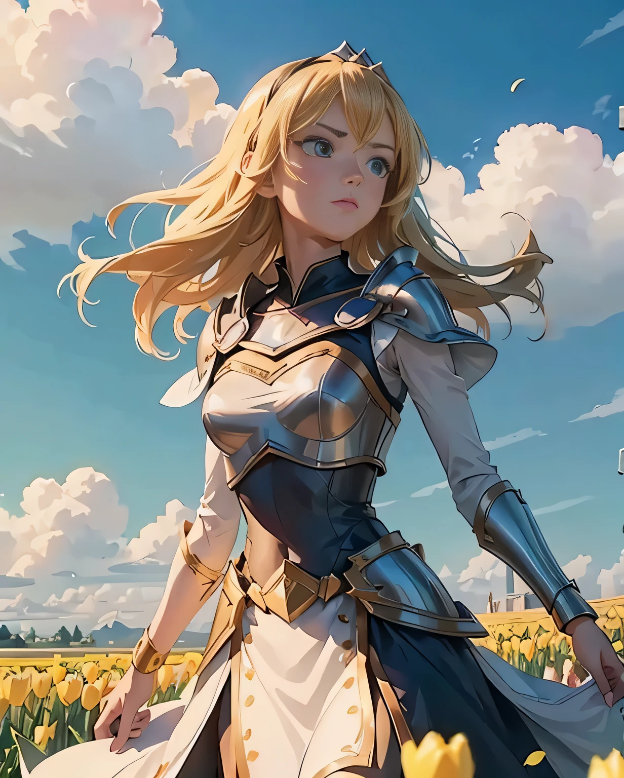 1girl, lux from leagueoflegends, luxanna crownguard, ultra-detailed hairstyle, blonde hair, hair band, perfect eyes, deep green eyes,
(perfect body proportions : 1.2), upper body shot, 
A flower field with yellow tulips in full bloom, holding a big yellow tulip, blue sky, (looking away:1.2),
(Best Quality, masterpiece ), 4K, 8k, cinematic lighting, depth of field, detailed background, shinkai makoto anime style,