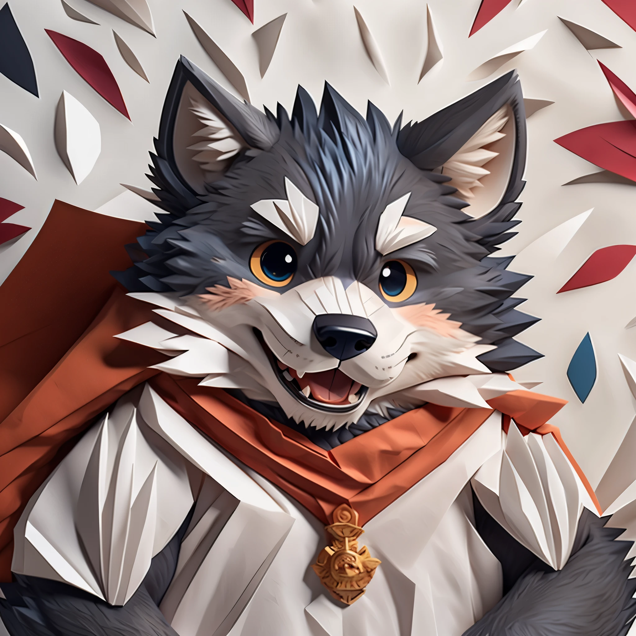 Scribble wolf face, ((cute)), anthro(wolf), (gray-black fur:1.5), comic style, white beard, white belly, (knight costume, long red cherry cloak), (close up:1.5), by takemoto arashi, by kamyuel, by milkytiger1145, by 96panda,front view, face focus, abstract background, (chibi:1.2), full body, (paper_cut:1.5), pastel color, open mouth, happy, logo_stamp