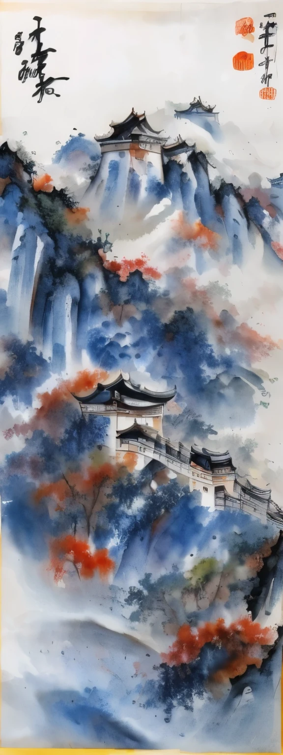 สไตล์ภาพเบลอ, เปียกในเปียก, การวาดภาพสีน้ำ, ภาพวาดหมึก, คุณภาพดีที่สุด, การวาดภาพทิวทัศน์ของกำแพงเมืองจีน, with light and light shading in the Wu Guanzhong style ภาพวาดหมึก, โดยที่สีหลักตกหล่นและเบลอ