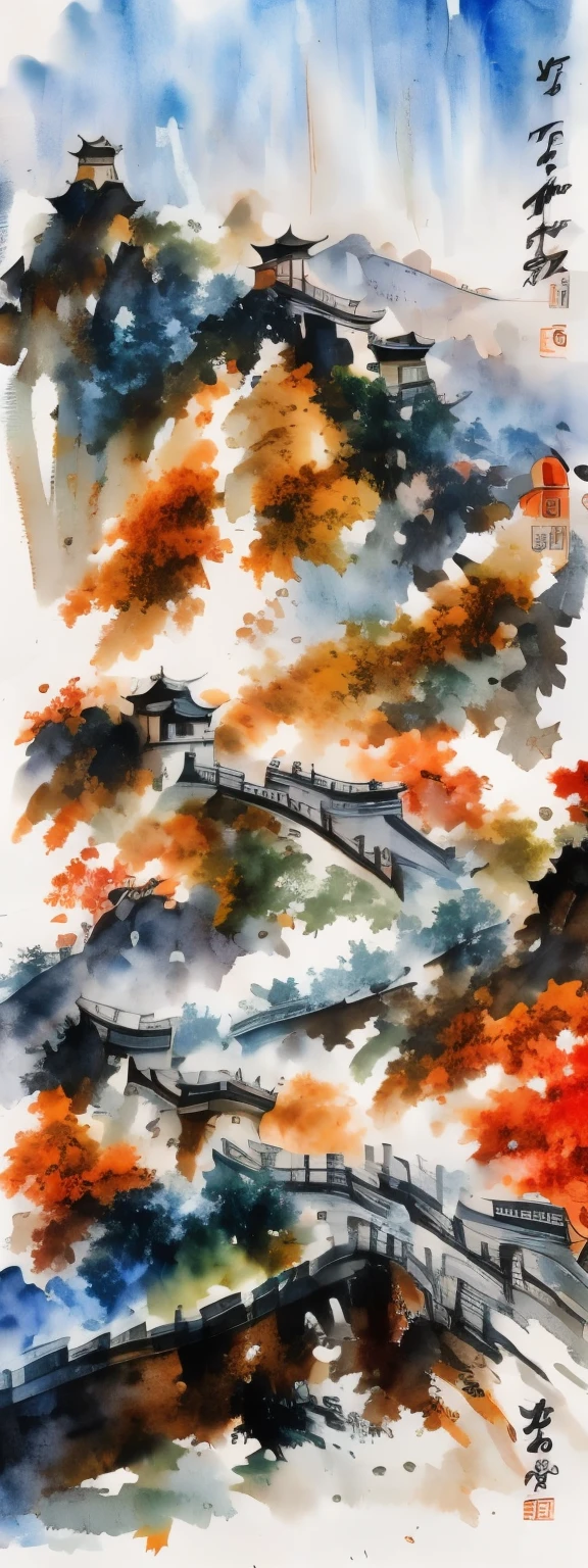 blurred picture style, wet-in-wet, watercolor painting, ink painting, best quality, landscape painting of the Great Wall of China, with light and light shading in the Wu Guanzhong style ink painting, where primary colors are dropped and blurred