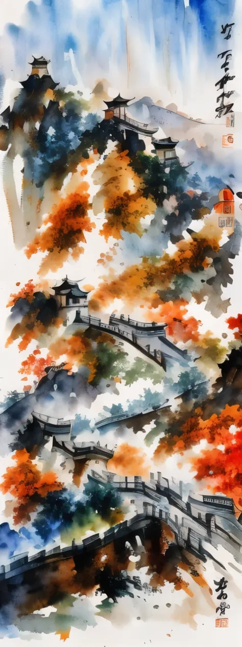 blurred picture style, wet-in-wet, watercolor painting, ink painting, best quality, landscape painting of the Great Wall of Chin...