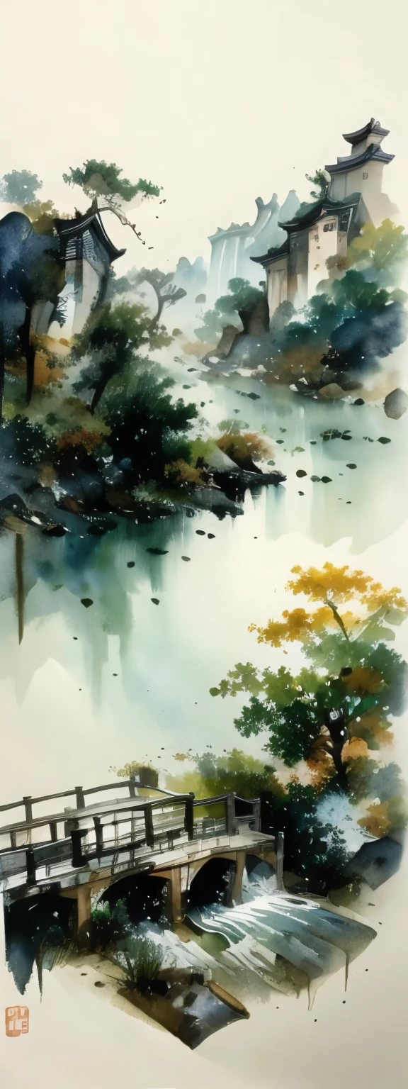 blurred picture style, wet-in-wet, watercolor painting, ink painting, best quality, landscape painting of the Great Wall of China, with light and light shading in the Wu Guanzhong style ink painting, where primary colors are dropped and blurred