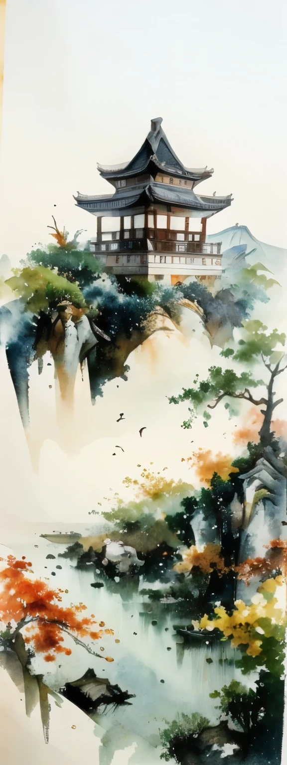 blurred picture style, wet-in-wet, watercolor painting, ink painting, best quality, landscape painting of the Great Wall of China, with light and light shading in the Wu Guanzhong style ink painting, where primary colors are dropped and blurred