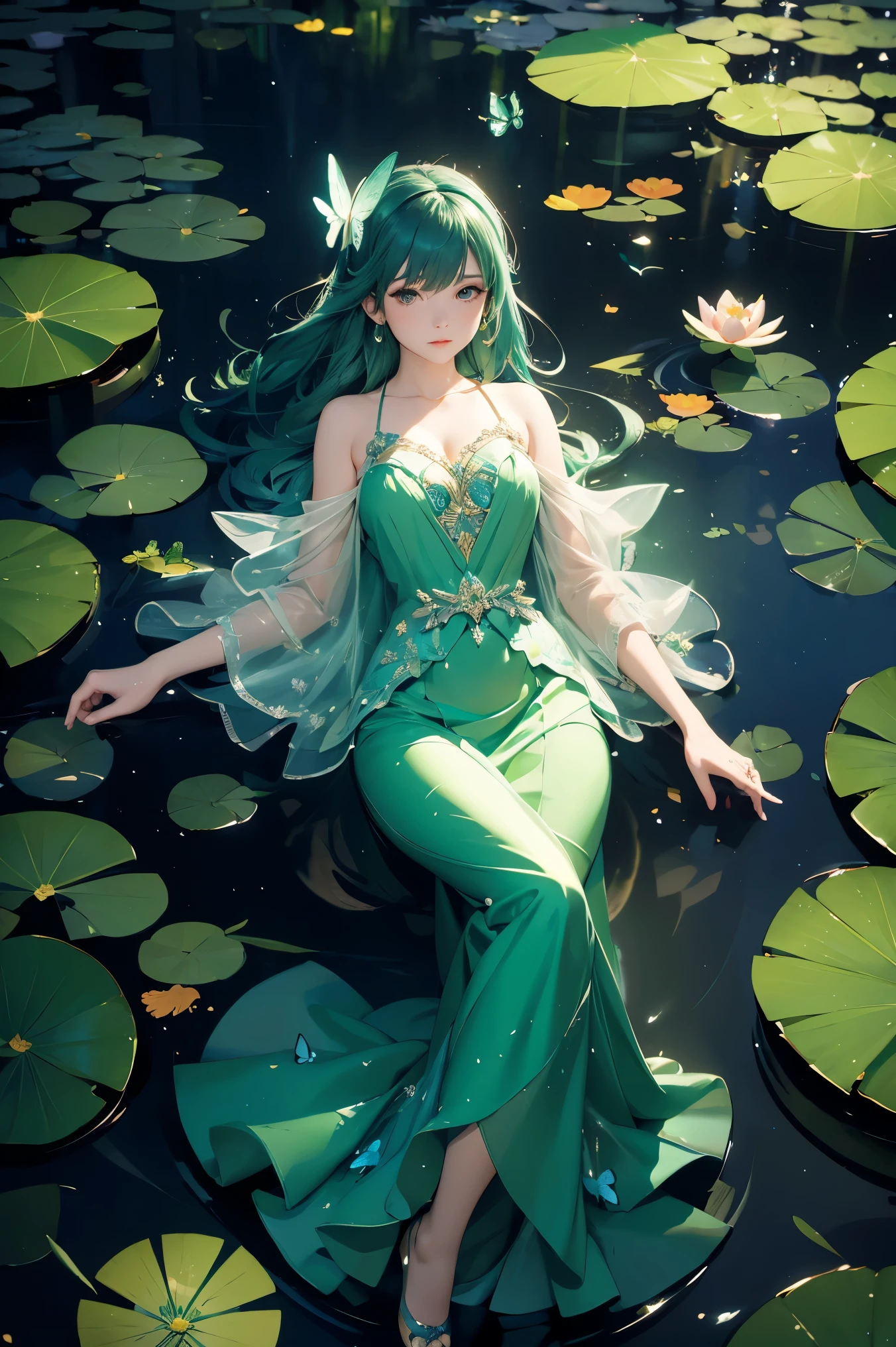 (Green dress), (Lotus pond), (Water lily pad), (Lotus: 1.3), (Butterfly: 1.4), (Paper fan), (Floating leaves), (Wind), (Sleeping), (Transparent water: 1.1), (Moonlight: 1.3, perfectly matching the surrounding scenery. On a beautiful night, the moonlight shines on the water surface, creating a calm atmosphere. From above, viewers can see the water lilies and lotus flowers around her, and there is a mysterious light underwater that illuminates the elegant swimming fish around her. Many blue butterflies dance around the girl, and the green theme dominates the entire scene. The jade and its color scheme highlight the natural beauty of the pond. The murmuring water and moonlight add a peaceful mood, making it a perfect place for relaxation and reflection,