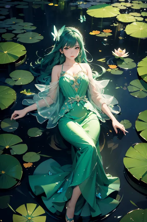 (Green dress), (Lotus pond), (Water lily pad), (Lotus: 1.3), (Butterfly: 1.4), (Paper fan), (Floating leaves), (Wind), (Sleeping...