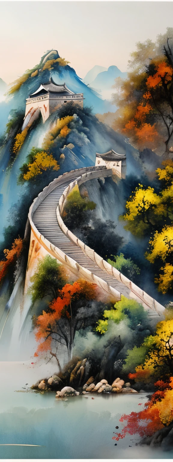 blurred picture style, wet-in-wet, watercolor painting, ink painting, best quality, landscape painting of the Great Wall of China, with light and light shading in the Wu Guanzhong style ink painting, where primary colors are dropped and blurred