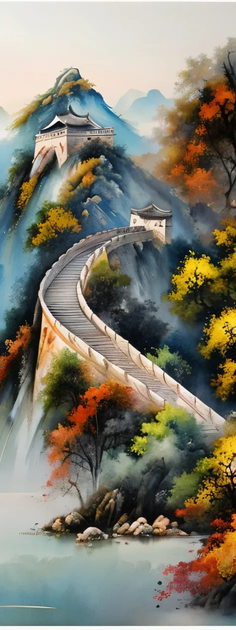 blurred picture style, wet-in-wet, watercolor painting, ink painting, best quality, landscape painting of the Great Wall of Chin...