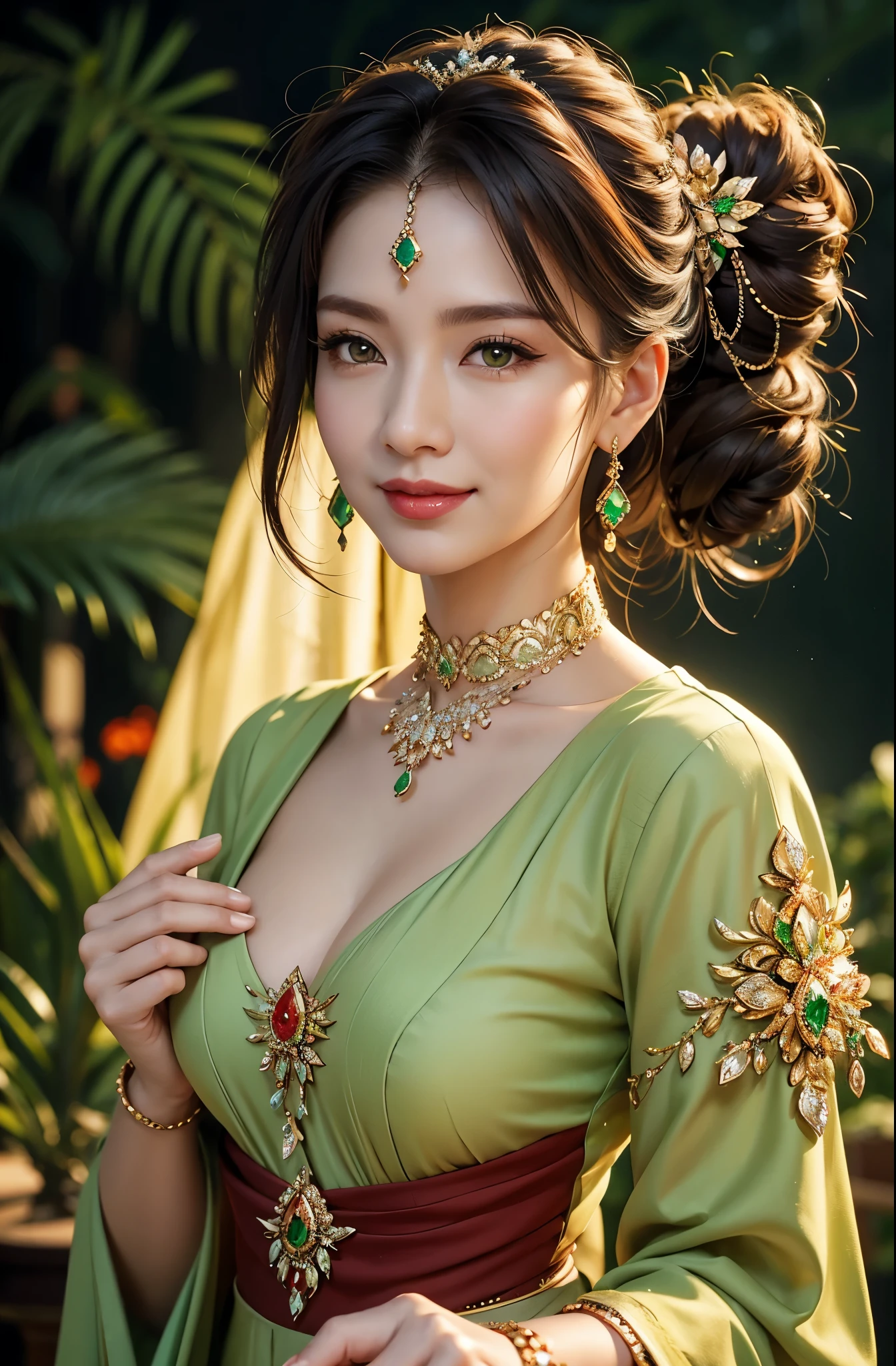 美丽成熟的亚洲女人， 详细的手指， 美丽的手， 超现实主义， 1 名女性, 深褐色的头发，整齐地扎起头发，翠绿色的眼睛, 超级细致的脸部， 细致的嘴唇， 细致的眼睛， 单眼皮， 钻石耳环, 冲击, 手镯, 红唇, 微笑, 奢华珠宝