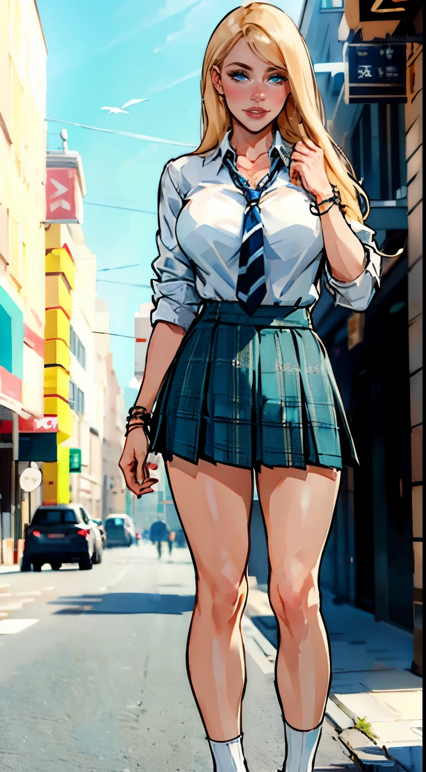 ch3rryg1g, masterpiece, best quality, full body, 1girl, bangs, blonde hair, blue skirt, blush, bracelet, breasts,, clothes around waist, collarbone, collared shirt, dress shirt, ear piercing, eyebrows visible through hair, gradient hair, grin, gyaru, jewelry, kogal, long hair, looking at viewer, loose necktie, green plaid necktie, piercing, plaid, green plaid skirt, pleated skirt, blue eyes, white knee-length socks, black flat shoes, , shirt, skirt, solo, white shirt, street, sky, illustration, fashionable, woman, vibrant, outfit, posing, confident, expression, hand on hip, attention-grabbing, mean girl, fashion, preppy, elegant