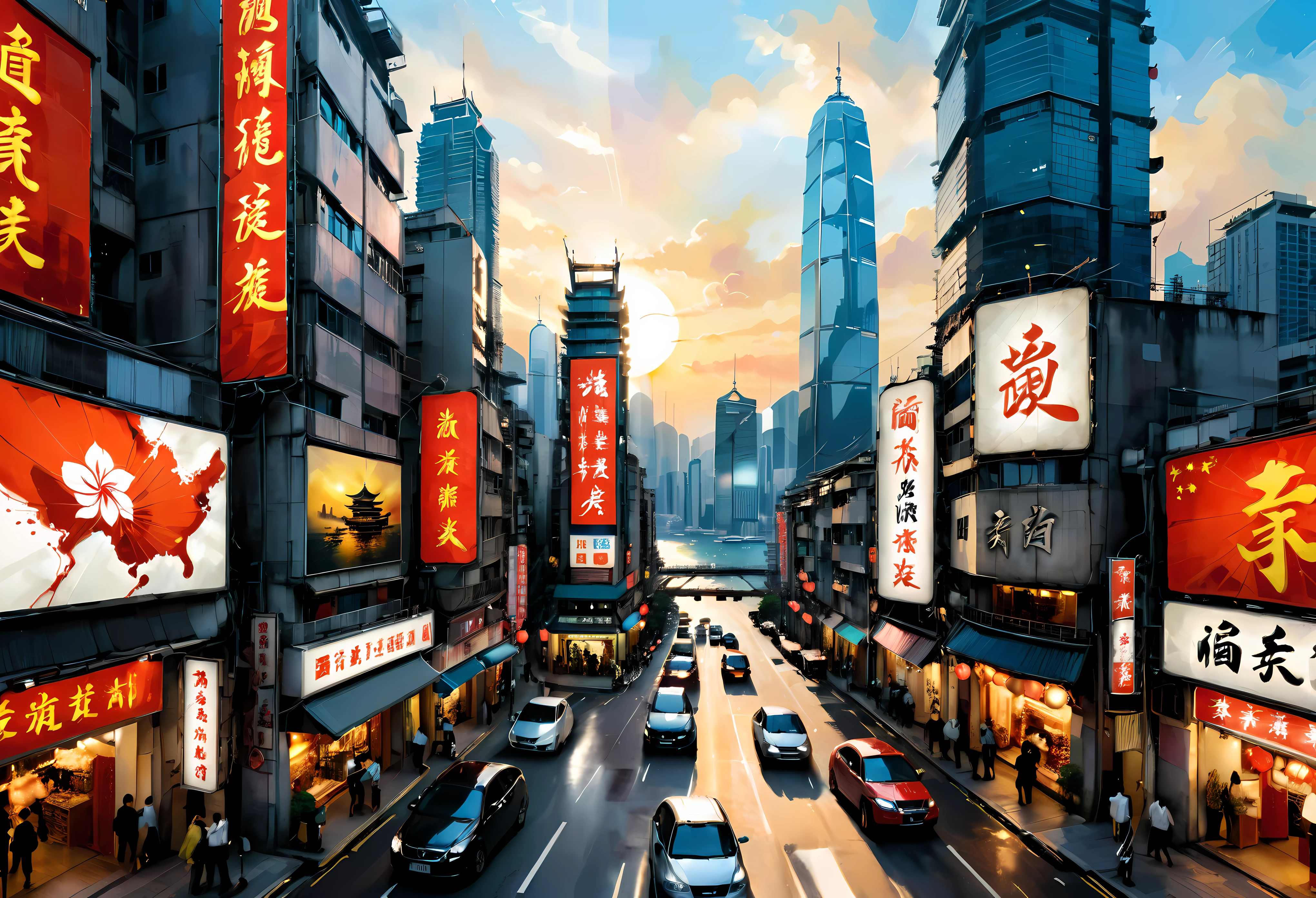 ((لوحة على طراز وو جوانزهونج):1.2),((الرسم بالحبر الصيني):1.2),((مفهوم الرسم الغربي):1.2),((التفسيرات الحديثة للموضوعات التقليدية)1.1), ((إنشاء تأثيرات بصرية فريدة من خلال اللون والخط):1.1),((عرض جوي):1.3) | A combination of Chinese ink art and Western painting of عرض جوي of Hong Kong modern skyline, (أفضل جودة, 4K, دقة عالية, تحفة:1.2), مفصلة للغاية, (حقيقي, photoحقيقي:1.37), نمط الحبر الصيني: ضربات دقيقة وغسلات بالحبر, أسلوب الرسم الغربي: الألوان النابضة بالحياة وضربات الفرشاة, ناطحات السحاب الشهيرة في أفق هونغ كونغ, شوارع المدينة الصاخبة مليئة بالناس والسيارات, ميناء فيكتوريا الرائع يستحم في ضوء الشمس الذهبي, القوارب الصينية التقليدية تبحر في الميناء, أضواء النيون تضيء سماء الليل, مزيج من الهندسة المعمارية التقليدية والحديثة, الخط الصيني التقليدي الذي يعرض تفاصيل لافتات الشوارع واللوحات الإعلانية, مزيج من العناصر الثقافية الصينية والغربية في الملابس والأزياء, مزيج من اللغة الصينية والإنجليزية في لافتات الشوارع وأسماء المتاجر, منظور درامي من نقطة مراقبة عالية تعرض عمودية المدينة, التفاعل بين الضوء والظلال يعزز عمق وأبعاد اللوحة, القوام المتناقض من الخرسانة, زجاج, والطبيعة في منظر المدينة, دمج دقيق للرموز والزخارف الصينية التي تمثل الحظ, ازدهار, والانسجام, تجربة غامرة تنقل المشاهدين إلى أجواء هونغ كونغ المتنوعة والحيوية.