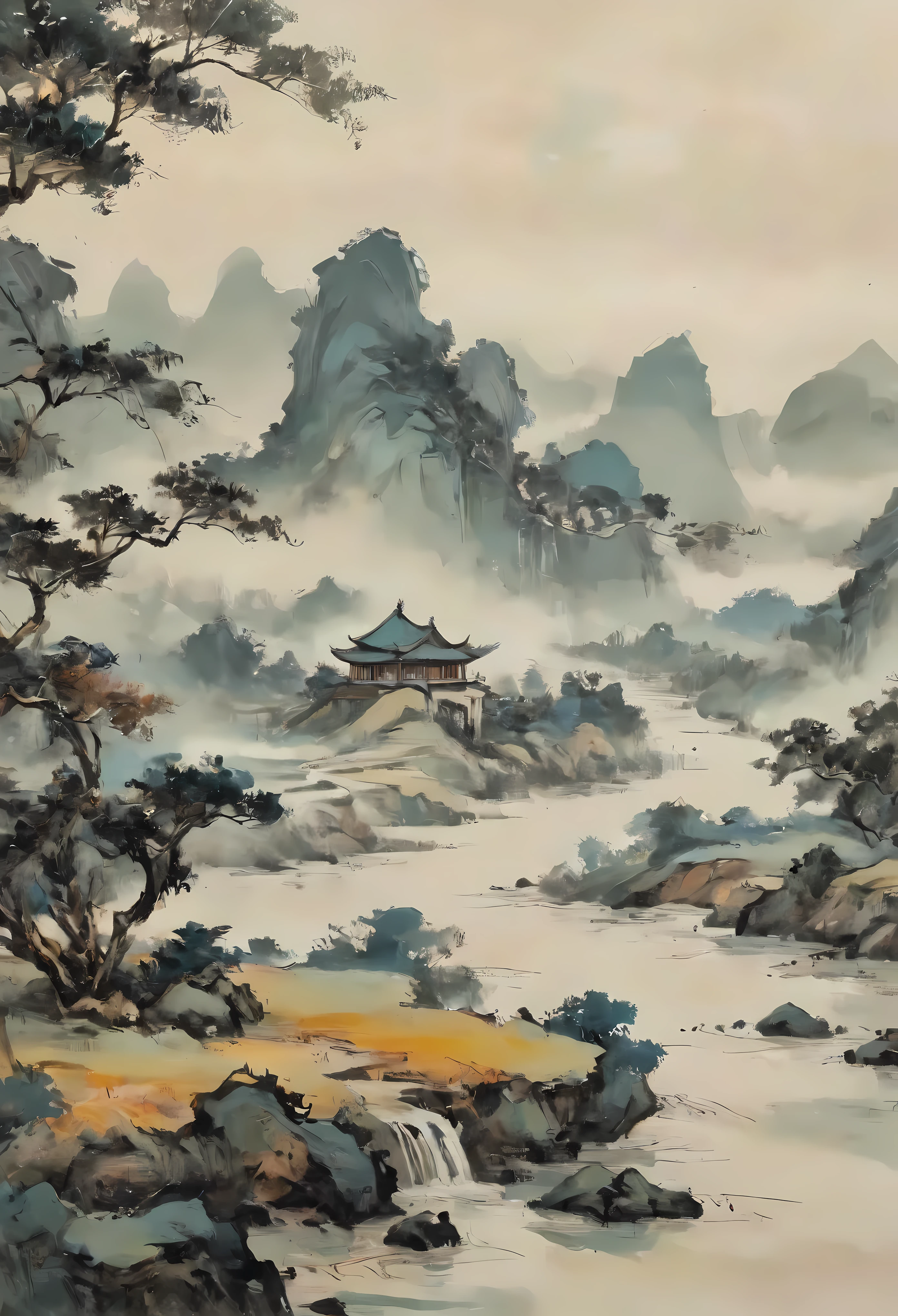 ((Peinture de style Wu Guanzhong):1.2),((Peinture à l&#39;encre de Chine):1.2),((Concept de peinture occidentale):1.2),((interprétations modernes de thèmes traditionnels)1.1), ((créer des effets visuels uniques grâce à la couleur et aux lignes):1.1). | (Meilleure qualité,4k,haute résolution,chef-d&#39;œuvre:1.2),ultra-détaillé,(Réaliste,photoRéaliste:1.37),effet de peinture à l&#39;huile, couleurs vives, Des coups de pinceau audacieux, texture riche, Détails fins, motifs complexes, composition dynamique, éclairage d&#39;ambiance, ambiance surréaliste, ambiance sereine, cadre tranquille, Une attention méticuleuse aux détails, utilisation magistrale de l&#39;espace, paysage fascinant, Style distinctif, interprétation poétique, émotions évocatrices, fusion de tradition et de modernité, mélange harmonieux d&#39;Orient et d&#39;Occident, équilibre délicat entre abstraction et représentation, célébration de la beauté de la nature, une oasis de sérénité, Élégance intemporelle, mobilier luxueux, des vues panoramiques à couper le souffle, palette de couleurs harmonieuse, éclairage naturel doux, dégradés de couleurs doux, profondeur et dimension, profondeur de champ immersive.