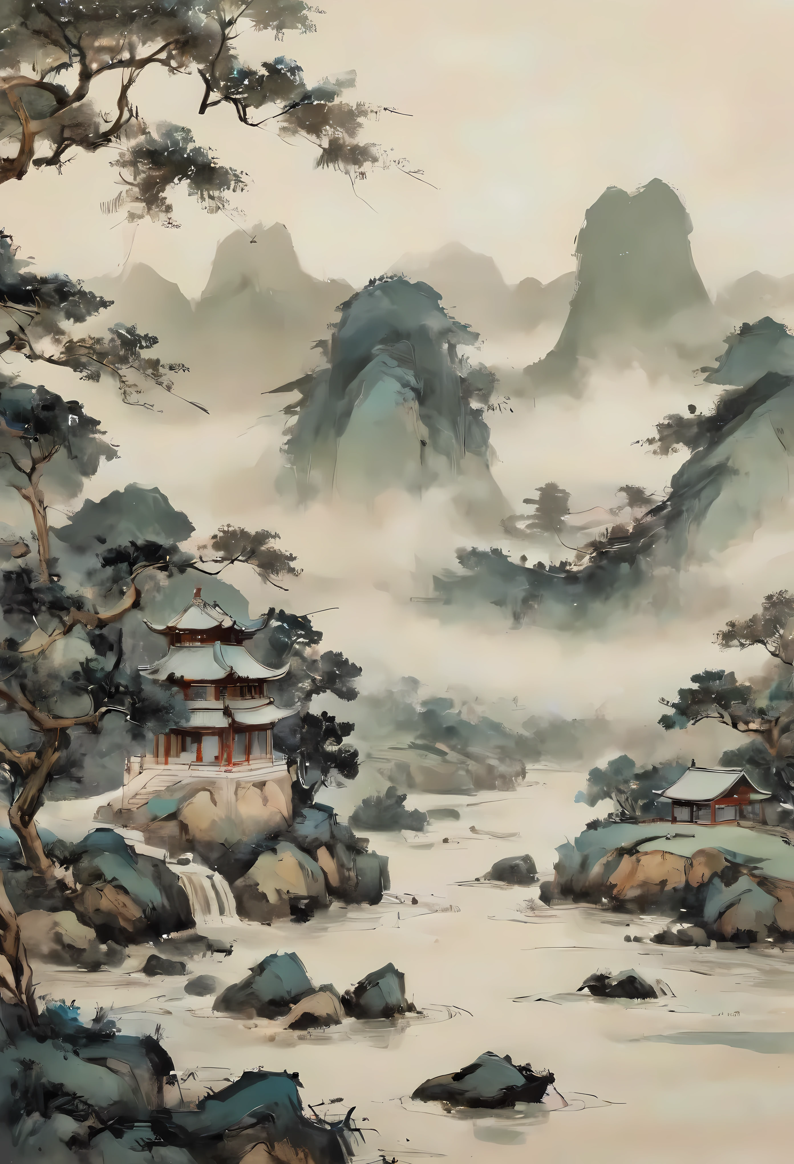 ((Wu guanzhong style painting):1.2),((Chinese ink painting):1.2),((Western painting concept):1.2),((modern interpretations of traditional themes)1.1), ((creating unique visual effects through color and line):1.1). | (best quality,4k,highres,masterpiece:1.2),ultra-detailed,(realistic,photorealistic:1.37),oil painting effect, vibrant colors, bold brushstrokes, rich texture, fine details, intricate patterns, dynamic composition, atmospheric lighting, surreal atmosphere, serene ambiance, tranquil setting, meticulous attention to detail, masterful use of space, mesmerizing scenery, distinctive style, poetic interpretation, evocative emotions, fusion of tradition and modernity, harmonious blend of East and West, delicate balance between abstraction and representation, celebration of nature's beauty, an oasis of serenity, timeless elegance, luxurious furnishings, breathtaking panoramic views, harmonious color palette, soft natural lighting, soft color gradients, depth and dimension, immersive depth of field.