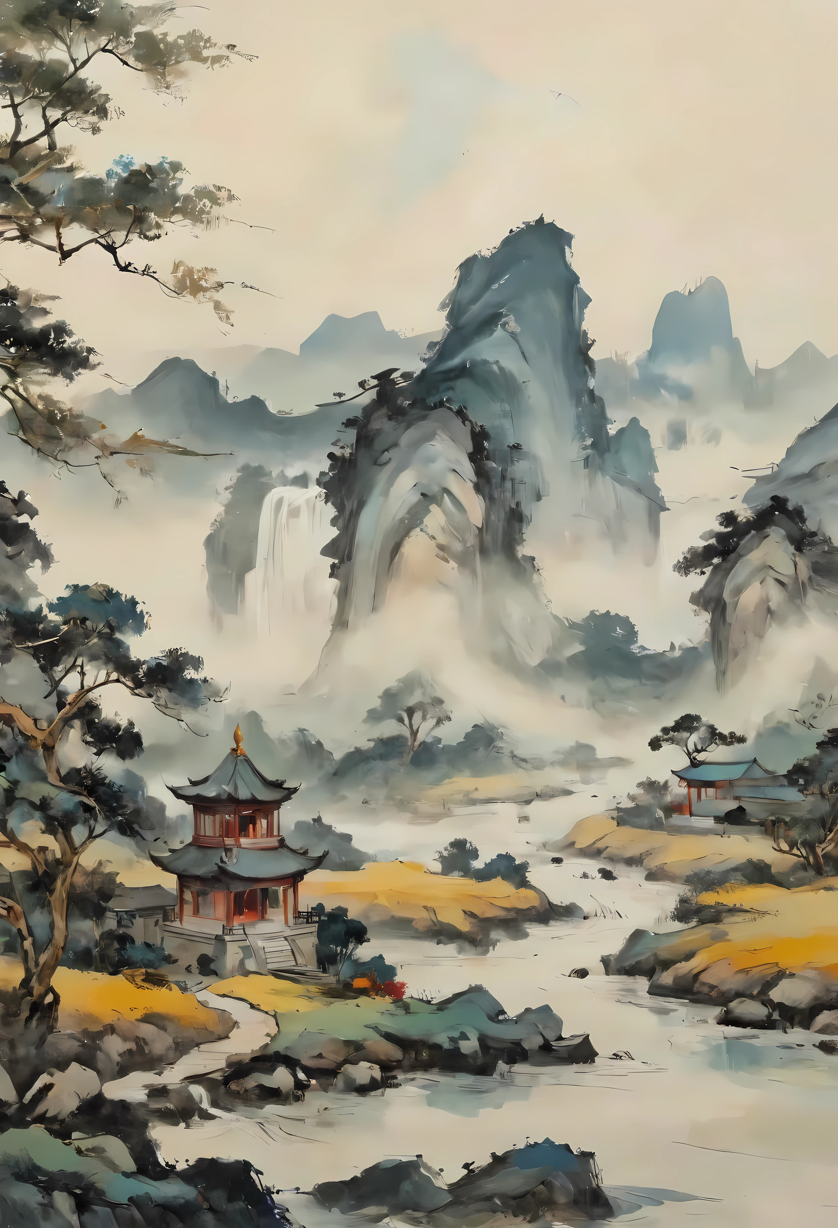 ((Wu guanzhong style painting):1.2),((Chinese ink painting):1.2),((Western painting concept):1.2),((modern interpretations of traditional themes)1.1), ((creating unique visual effects through color and line):1.1). | (best quality,4k,highres,masterpiece:1.2),ultra-detailed,(realistic,photorealistic:1.37),oil painting effect, vibrant colors, bold brushstrokes, rich texture, fine details, intricate patterns, dynamic composition, atmospheric lighting, surreal atmosphere, serene ambiance, tranquil setting, meticulous attention to detail, masterful use of space, mesmerizing scenery, distinctive style, poetic interpretation, evocative emotions, fusion of tradition and modernity, harmonious blend of East and West, delicate balance between abstraction and representation, celebration of nature's beauty, an oasis of serenity, timeless elegance, luxurious furnishings, breathtaking panoramic views, harmonious color palette, soft natural lighting, soft color gradients, depth and dimension, immersive depth of field.