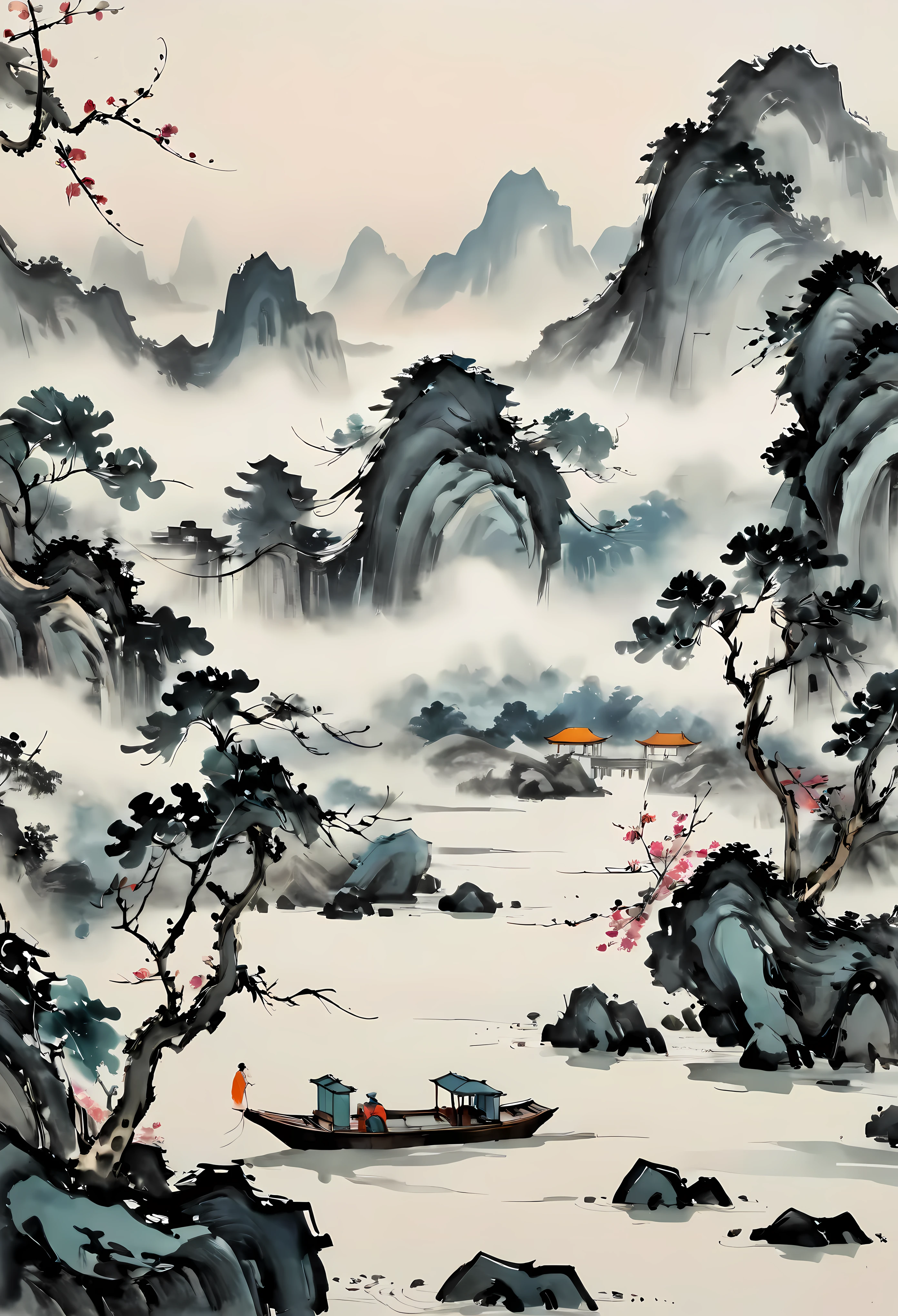 ((Wu guanzhong style painting):1.2),((Chinese ink painting):1.2),((Western painting concept):1.2),((modern interpretations of traditional themes)1.1), ((creating unique visual effects through color and line):1.1). | (best quality,4k,highres,masterpiece:1.2),ultra-detailed,(realistic,photorealistic:1.37),oil painting effect, vibrant colors, bold brushstrokes, rich texture, fine details, intricate patterns, dynamic composition, atmospheric lighting, surreal atmosphere, serene ambiance, tranquil setting, meticulous attention to detail, masterful use of space, mesmerizing scenery, distinctive style, poetic interpretation, evocative emotions, fusion of tradition and modernity, harmonious blend of East and West, delicate balance between abstraction and representation, celebration of nature's beauty, an oasis of serenity, timeless elegance, luxurious furnishings, breathtaking panoramic views, harmonious color palette, soft natural lighting, soft color gradients, depth and dimension, immersive depth of field.