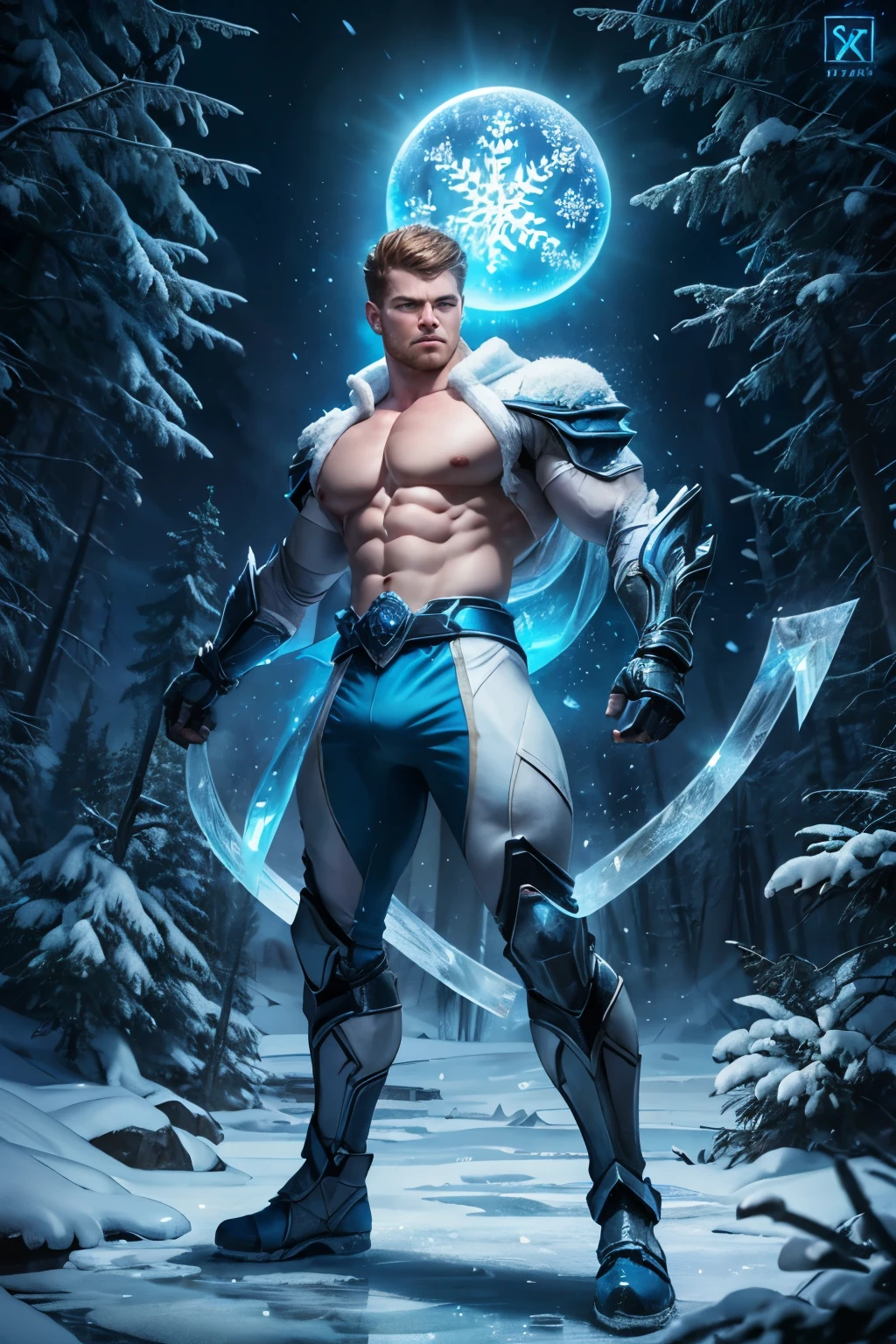 standing on a frozen lake, (misty pine forest in the background), cute muscular Nordic hunk (age 22), pale skin, ginger hair, powerful pecs, bulging biceps, muscled abs, sinewy thighs, ic34rmor, wearing ice warrior armor, intricate detail, (see-through), harness, armbands, ((holding glowing blue orb)), (((full body portrait))), ((full body)), ((facing viewer)), ((looking at viewer)), highly detailed, (high face detail)  A muscular man, shirtless, in a Kirbywood style, with vintage color comics, showcasing sharp focus, hi-res details, and intricate features, creating a masterpiece at 8k quality.” Arctic Frost Ranger: A suit featuring icy blue and frosty white hues, accented with snowflake patterns and frost crystals. This Ranger commands the power of ice and cold, with abilities such as creating blizzards, forming ice constructs for defense, and freezing enemies in their tracks. Frostbite Ranger: A suit with icy blue and white colors, like snow and ice. This Ranger can freeze enemies with ice blasts, create protective ice shields, and summon blizzards to slow down foes.