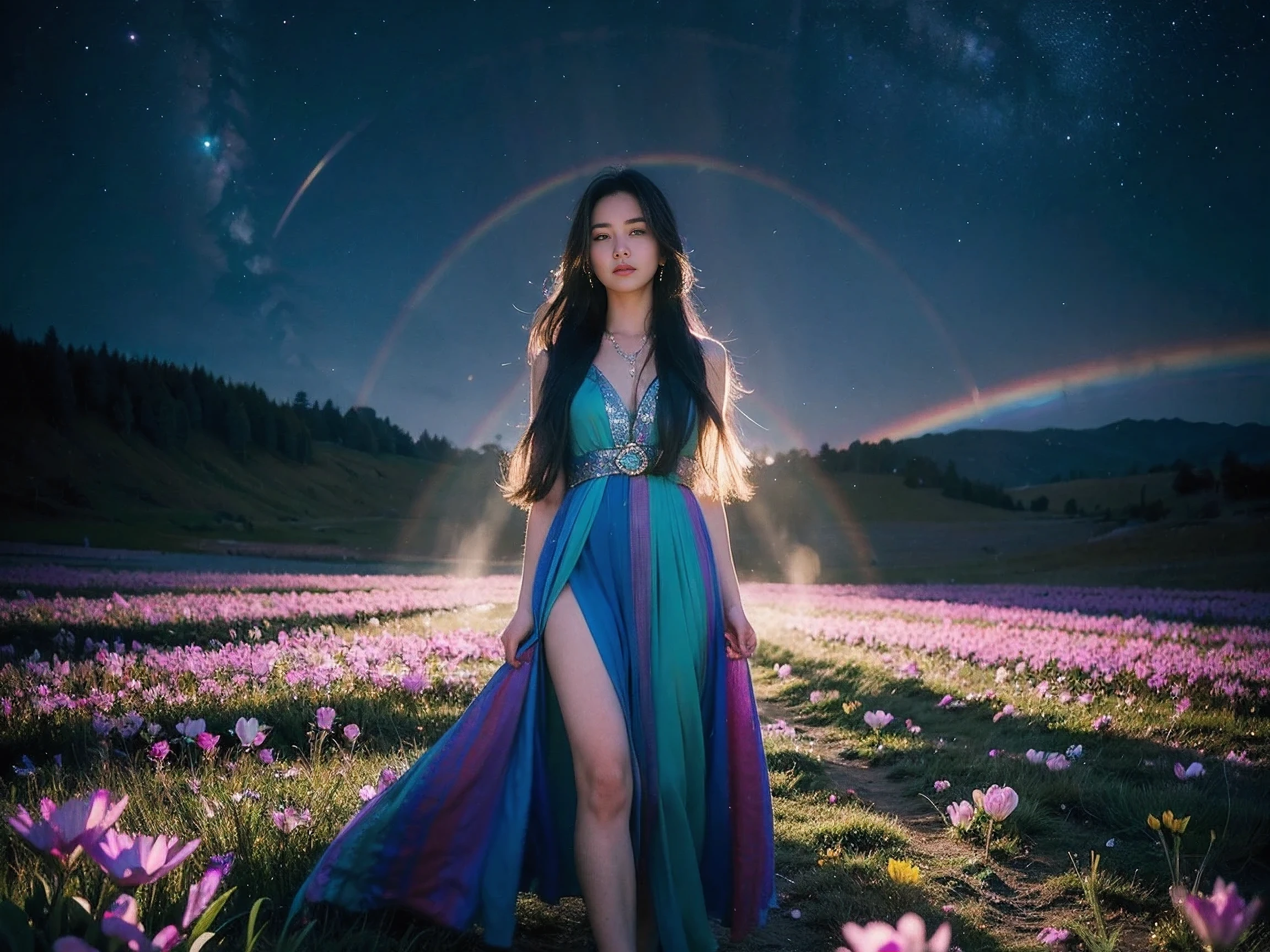 Realistic photography, 8k ,A beautiful and magical elemental girl with long flowing hair., Ethereal spiritual clothing, Walking through a field of crystal flowers amidst the dark rainbow moonlight, the flowers glowed brightly.