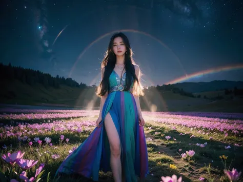 Realistic photography, 8k ,A beautiful and magical elemental girl with long flowing hair., Ethereal spiritual clothing, Walking ...
