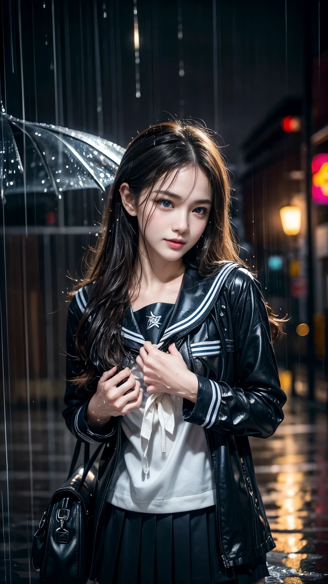 (RAW shooting, Photoreal:1.5, 8k, highest quality, masterpiece, ultra high resolution), perfect dynamic composition:1.2, street corner at night, look up at the sky:1.3, (((Typhoon heavy rain))), Highly detailed skin and facial textures:1.2, Slim high school girl wet in the rain:1.3, sexy beauty:1.2, perfect style, beautiful and aesthetic, Fair skin, very beautiful face, (rain drips all over my body:1.2, wet hair:1.3, wet uniform:1.2), water droplets on the skin, (Medium chest, Chest gap), (embarrassing smile, The expression on your face when you feel intense caress, Facial expression when feeling pleasure), (beautiful blue eyes, Eyes that feel beautiful eros:0.8), (Too erotic:0.9, Bewitching:0.9), cowboy shot, student bag, perfect limbs, perfect fingers