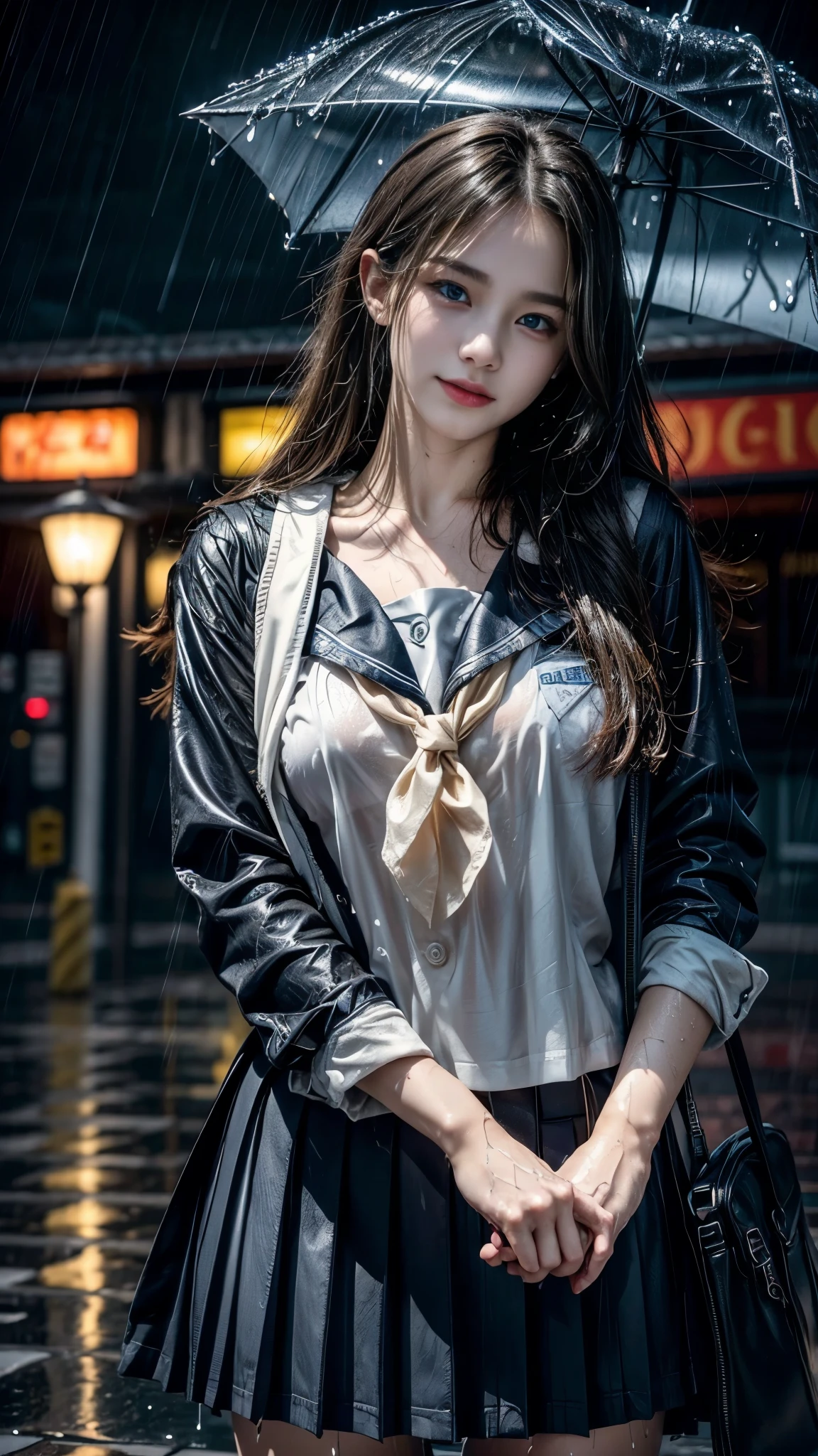 (RAW shooting, Photoreal:1.5, 8k, highest quality, masterpiece, ultra high resolution), perfect dynamic composition:1.2, street corner at night, look up at the sky:1.3, (((Typhoon heavy rain))), Highly detailed skin and facial textures:1.2, Slim high school girl wet in the rain:1.3, sexy beauty, perfect style:1.2, beautiful and aesthetic, Fair skin, very beautiful face, (rain drips all over my body:1.2, wet hair:1.4, wet uniform:1.2), water droplets on the skin, (Medium chest, Chest gap), (embarrassing smile, The expression on your face when you feel intense caress, Facial expression when feeling pleasure), (beautiful blue eyes, Eyes that feel beautiful eros:0.8), (Too erotic:0.9, Bewitching:0.9), cowboy shot, student bag, perfect limbs, perfect fingers