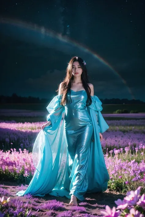 Realistic photography, 8k ,A beautiful and magical elemental girl with long flowing hair., Ethereal spiritual clothing, Walking ...