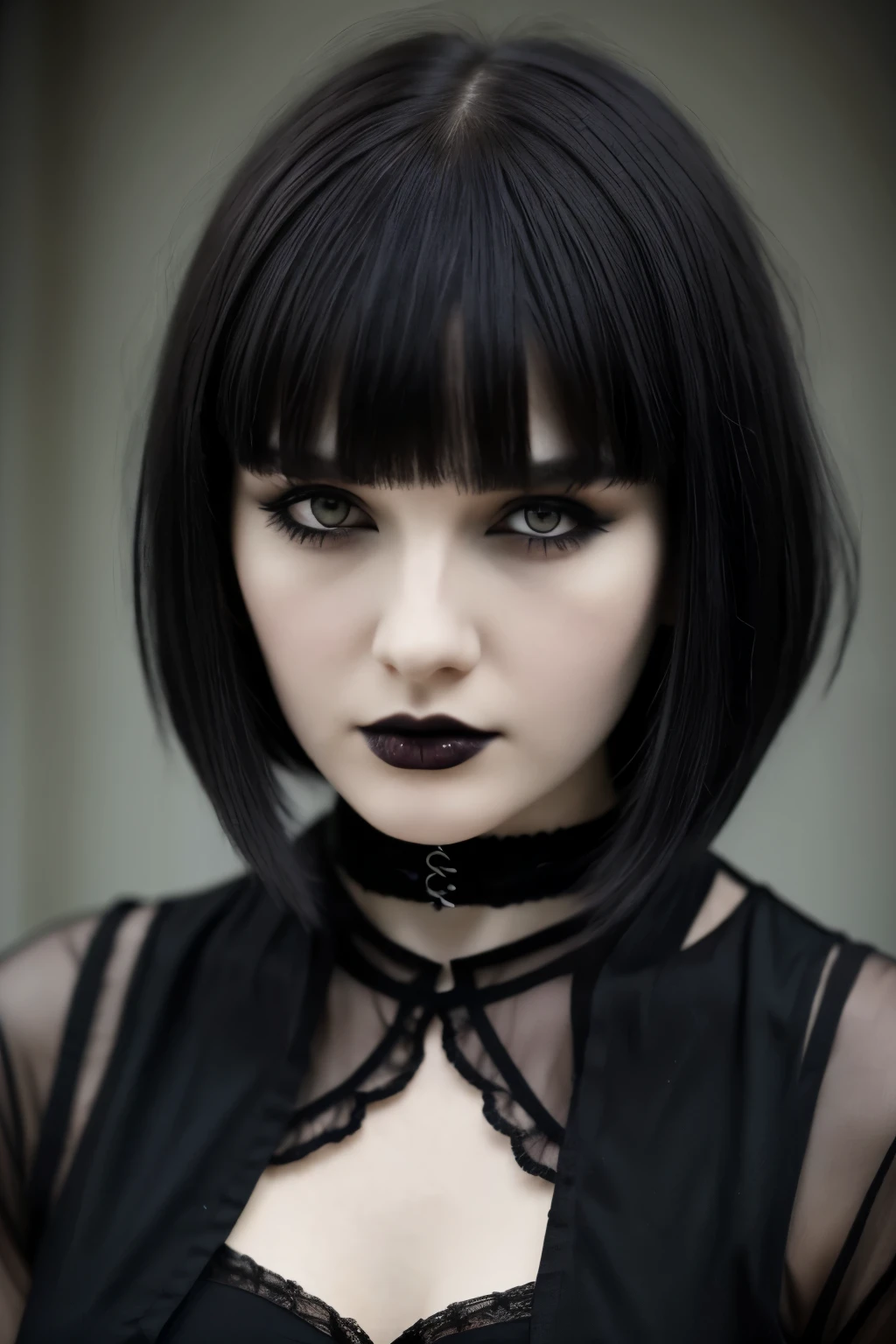 A woman with black hair and a choker is posing for a picture - SeaArt AI