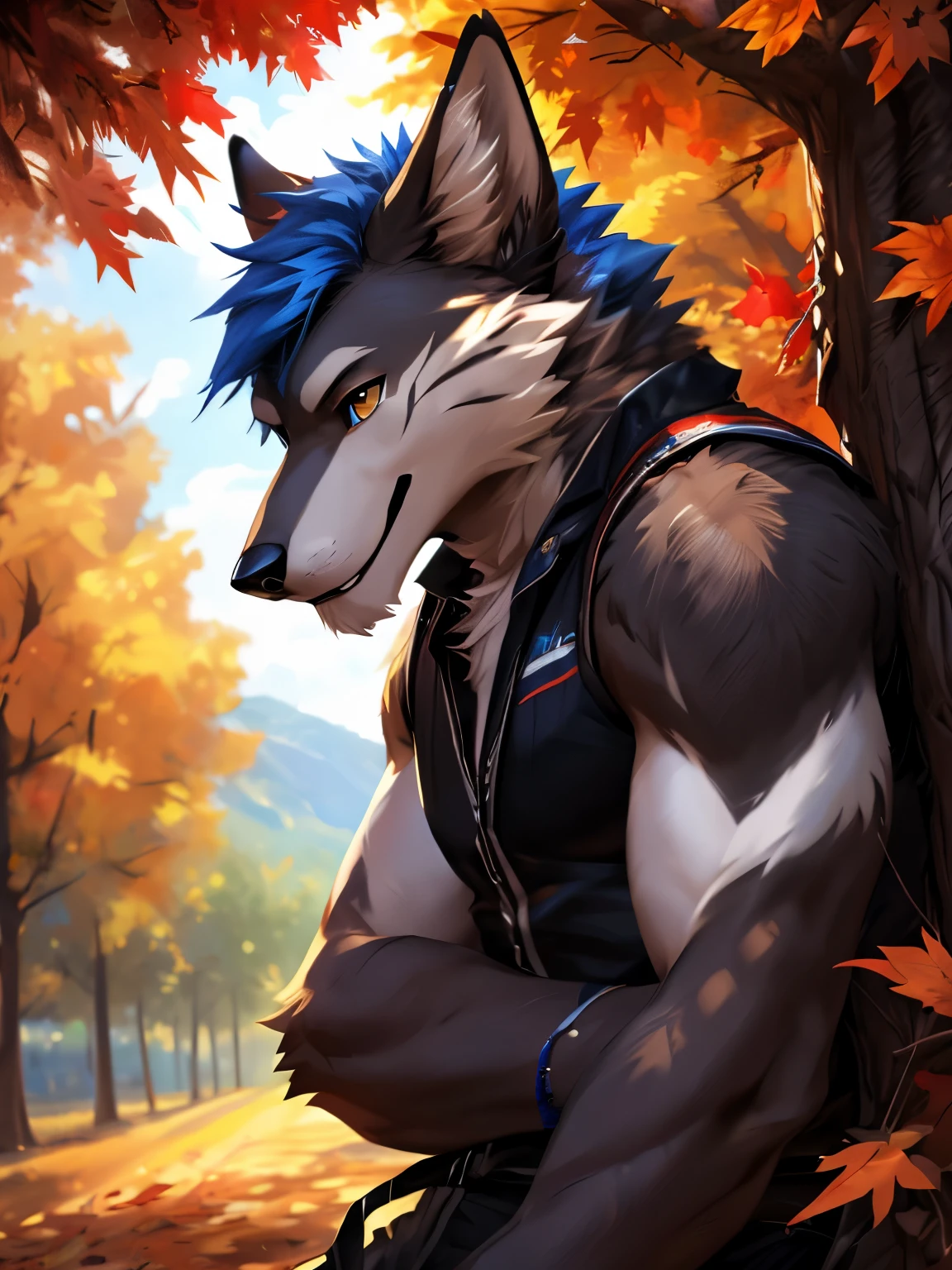 posted on e621, (by Chunie), male, Wolf anthro, solo, (Realistic eye details 1.2), anime character, Black clothes wear, white shorts, there is a man sitting on a tree with a blue hair, commission for high res, anthro art, detailed fanart, high quality fanart, furry mawshot art, furry artist, furry art, fursona art, very very beautiful furry art, furry art!!!, commission for, fursona furry art commission, pov furry art, hyperrealistic fall, 🍂 cute, slim body, full body like, muscular, in a panoramic view, masterpiece, Abstract beauty, ultra detailed face, depth of field, motion blur, high details, high quality, award winning, HD, 16k, (best quality,4k,8k,highres,masterpiece:1.2),ultra-detailed,realistic:1.37,HDR,UHD,studio lighting,extreme detail description,professional,vivid colors,bokeh,lively atmosphere, natural lighting