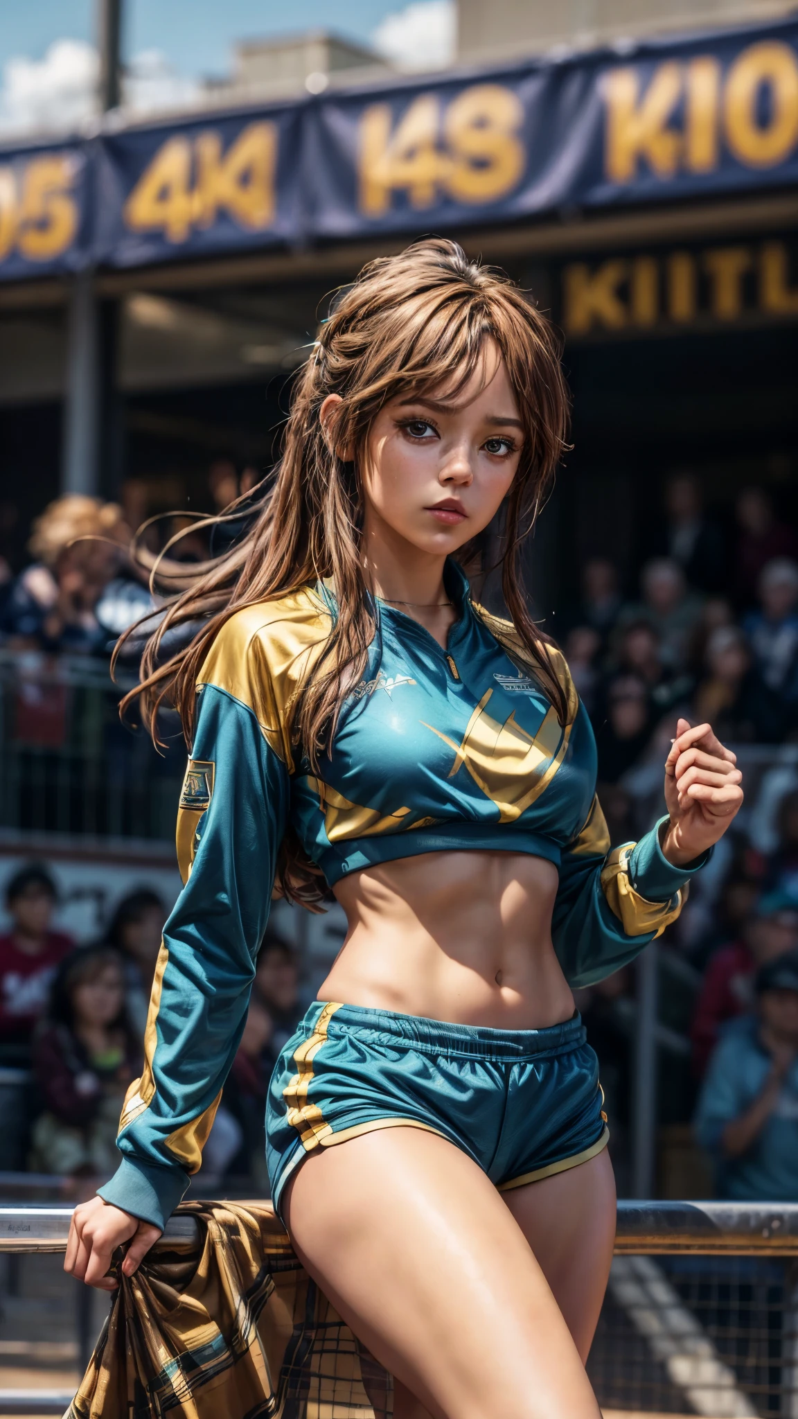 (best quality,4k,8k,highres,masterpiece:1.2),ultra-detailed, 1girl, Celtic Goddess Epona as a college student, jennao, Chestnut Brown hair, Hazel eyes, wearing blue track top with gold sleeves and blue thigh length track shorts with gold stripes, competing at a track meet, HDR, 8k, absurdres, cinestill 800, sharp focus, add_detail:2