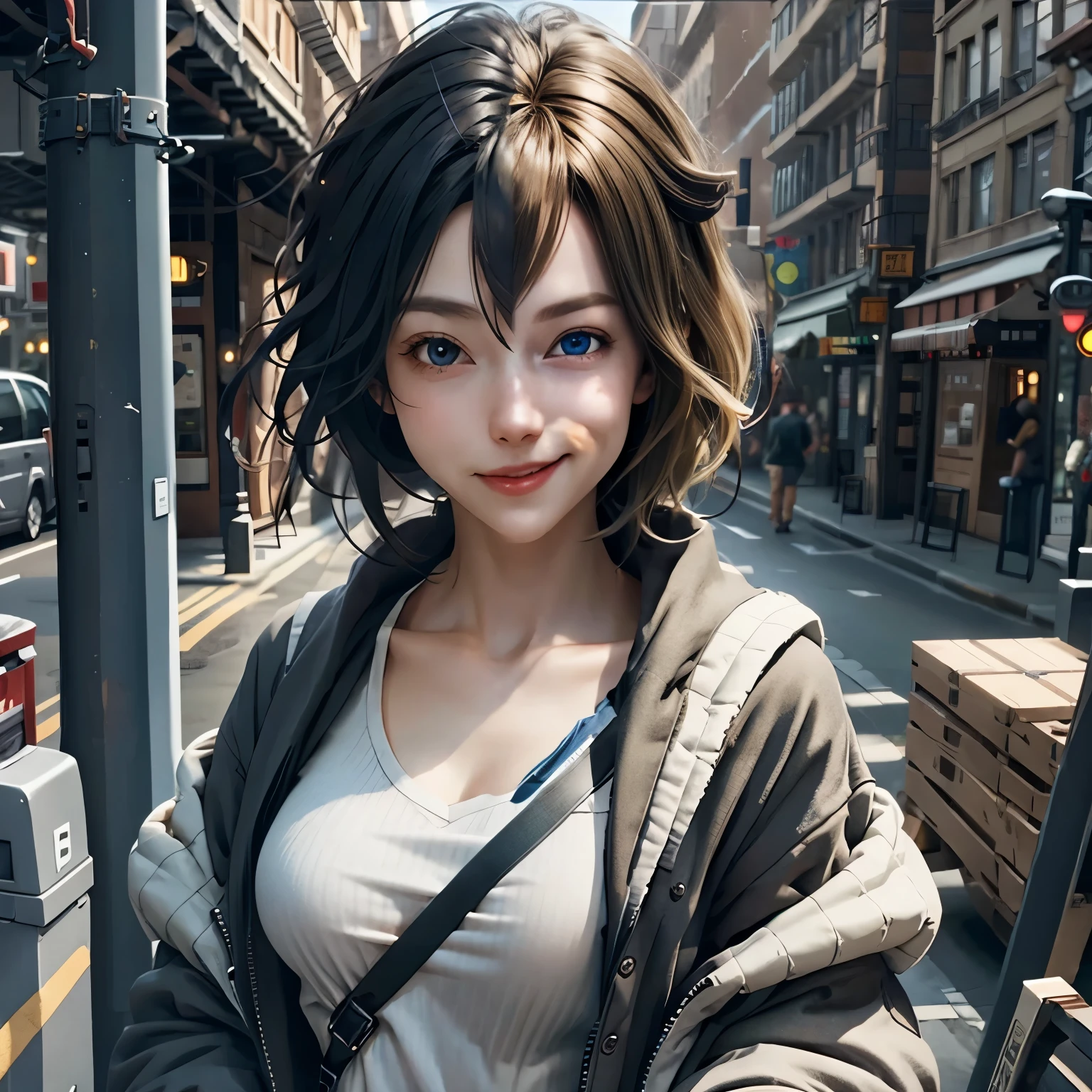 (极其细致的 CG unity 8k 壁纸), 1女孩, 上半身, 金发女郎, 美国女人, 蓝眼睛, 咧嘴笑, 微笑, 快乐的, 裂面