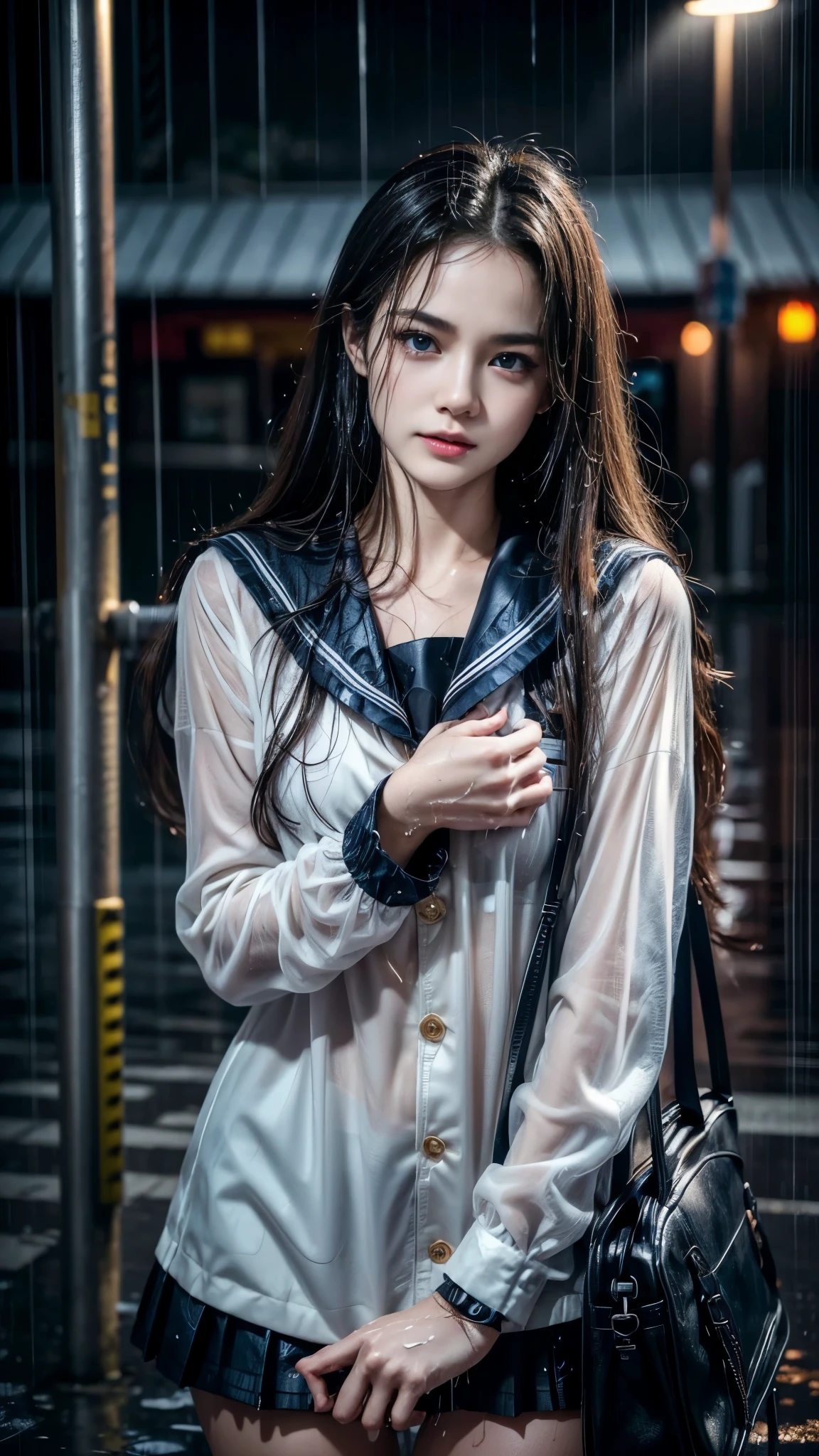 (RAW shooting, Photoreal:1.5, 8k, highest quality, masterpiece, ultra high resolution), perfect dynamic composition:1.2, street corner at night, look up at the sky:1.3, (((Typhoon heavy rain))), Highly detailed skin and facial textures:1.2, Slim high school girl wet in the rain:1.3, sexy beauty:1.2, perfect style, beautiful and aesthetic, Fair skin, very beautiful face, (rain drips all over my body:1.2, wet hair:1.3, wet uniform:1.2), water droplets on the skin, (Medium chest, Chest gap), (embarrassing smile, The expression on your face when you feel intense caress, Facial expression when feeling pleasure), (beautiful blue eyes, Eyes that feel beautiful eros:0.8), (Too erotic:0.9, Bewitching:0.9), cowboy shot, student bag, perfect limbs, perfect fingers