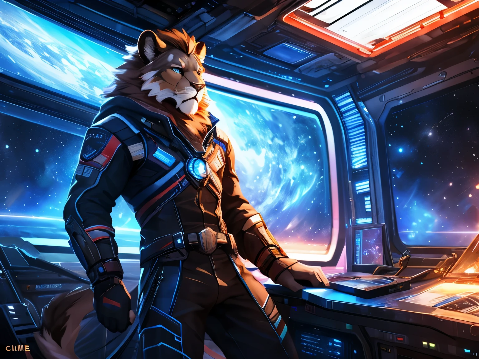 posted on e621, (by Chunie), male, Lion anthro, solo, (Realistic eye details 1.2), anime character, arafed image of a man in a space station with a mask, pov furry art, anthro paw pov art, furry paw pov art, commission for high res, furry art!!!, very very beautiful furry art, furry art, on a space station, in a space station, fursona furry art commission, detailed fanart, fursona art, furry fantasy art, slim body, full body like, in a panoramic view, masterpiece, Abstract beauty, ultra detailed face, depth of field, motion blur, high details, high quality, award winning, HD, 16k, (best quality,4k,8k,highres,masterpiece:1.2),ultra-detailed,realistic:1.37,HDR,UHD,studio lighting,extreme detail description,professional,vivid colors,bokeh,lively atmosphere, natural lighting