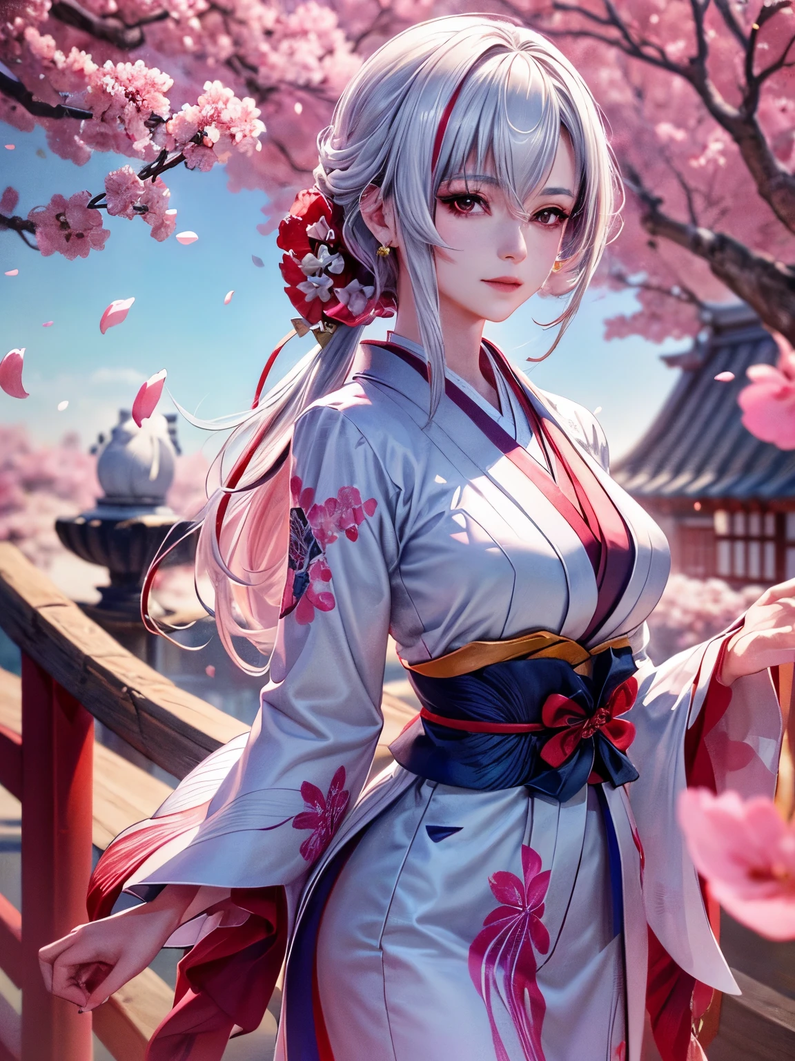 arlecchino wearing kimono, under a cherry blossom tree, with swift wind blowing her hair, show her full body, (best quality,4k,8k,highres,masterpiece:1.2),ultra-detailed,(realistic,photorealistic,photo-realistic:1.37),traditional Japanese illustration, vibrant red and pink color tones, soft sunlight, traditional Japanese lanterns, delicate cherry blossom petals fluttering in the wind, detailed patterns on the kimono, beautiful hand-painted face, subtle smile on her lips, graceful and elegant posture