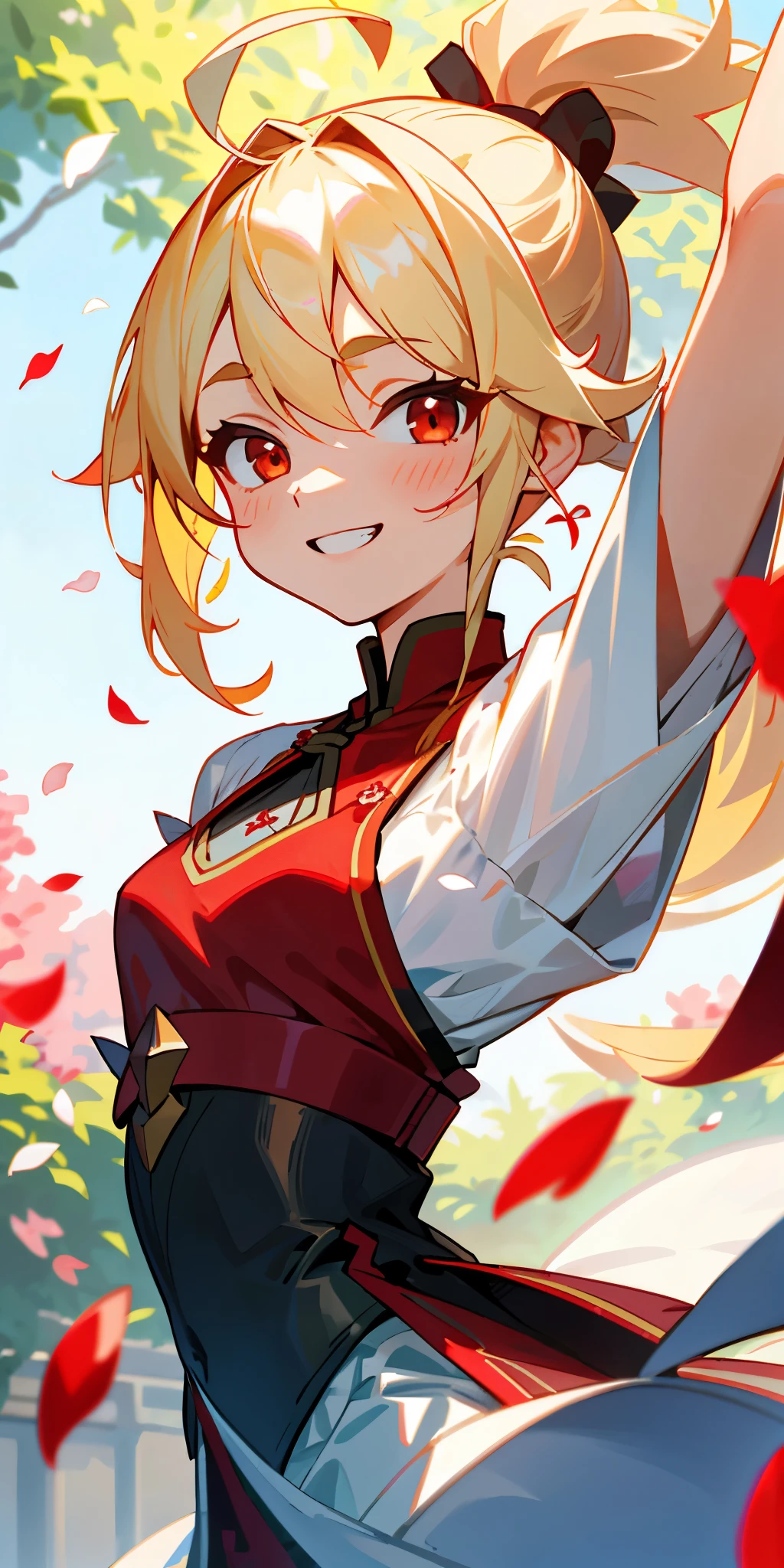 １girl、small breasts、blonde、red eye、ponytail、Ahoge、red peasant tunic、upper body close-up、The scenery in the background is a garden with dancing petals.、grin、From the side、painterly、sharp outline