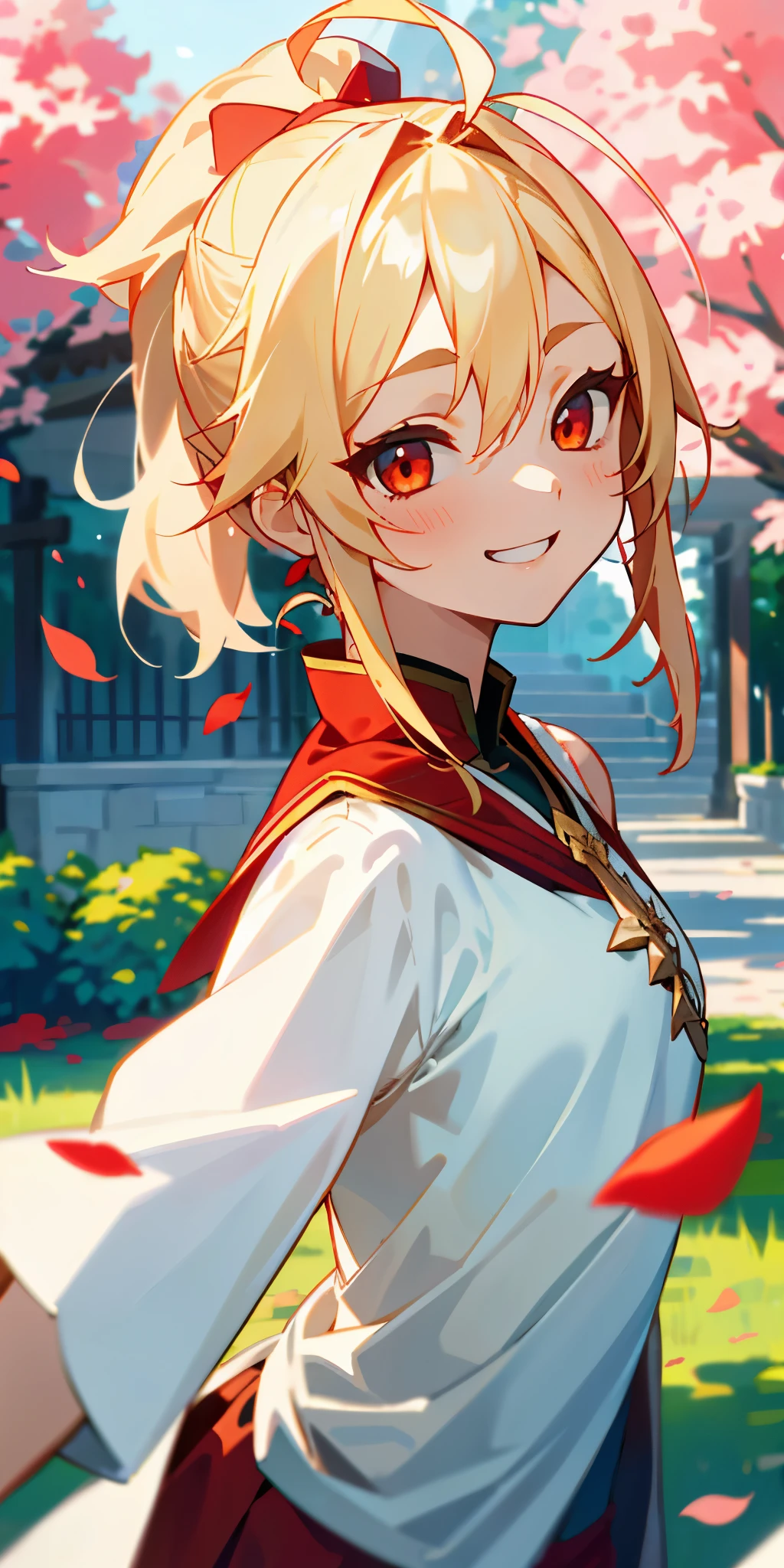 １girl、small breasts、blonde、red eye、ponytail、Ahoge、red peasant tunic、upper body close-up、The scenery in the background is a garden with dancing petals.、grin、From the side、painterly、sharp outline