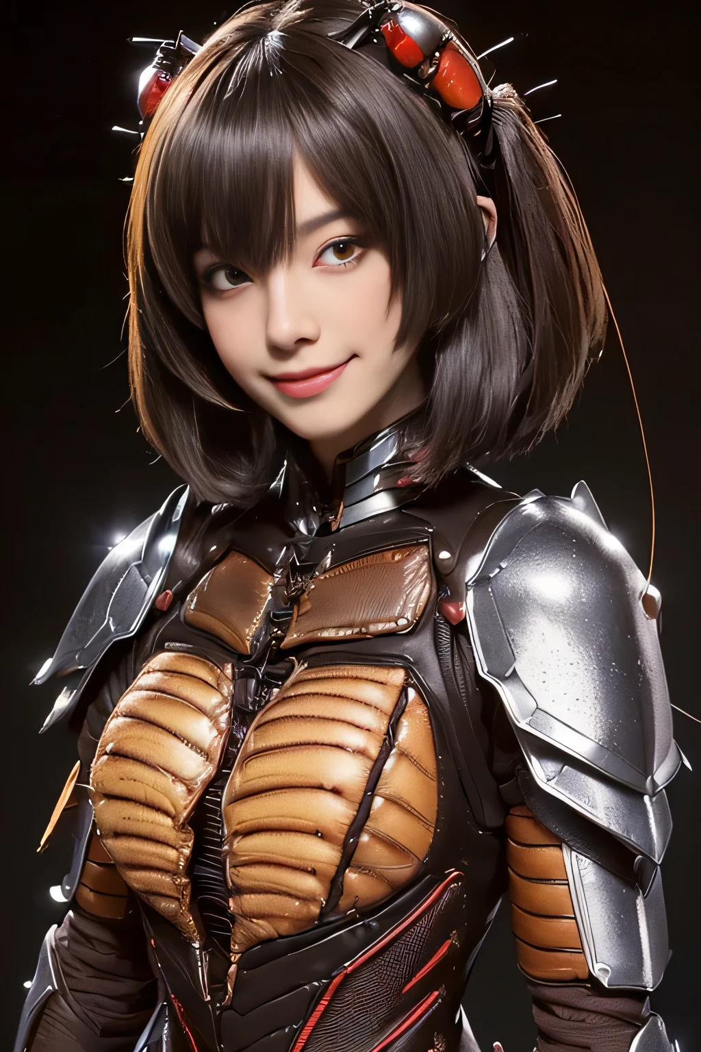 (High resolution,masterpiece,highest quality,Very detailed CG, anime, official art:1.4), realistic, photograph, amazing detail, everything is complicated, shiny and glossy,Amazing number of layers, 8K wallpaper, 3D, sketch, cute, figure,( alone:1.4), perfect female proportions,villain&#39;s daughter, (Fusion of dark brown cockroach and lady:1.4), (brown cockroach woman:1.2), (brown cockroach woman:1.2), (Fusion:1.2), (alone:1.4), (evil smile:1.2), muscular, abs, (Cockroach brown exoskeleton bio insect suit:1.4), (Cockroach brown exoskeleton bio insect armor:1.2), (brown transparent cockroach feathers:1.4), (Antennae of brown cockroaches:1.3),