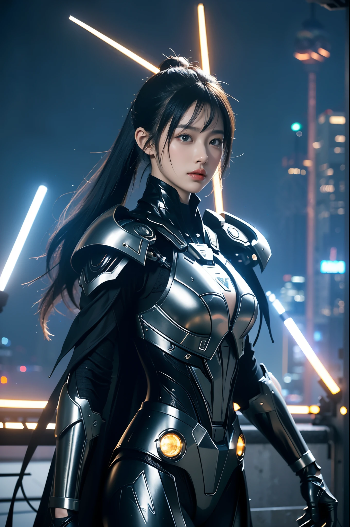 game art，best picture quality，Highest resolution，8k，((A half-length photo))，((portrait))，(rule of thirds)，Unreal Engine 5 rendering works， (Future girl)，(female warrior)， 22-year-old young hacker)，(ancient oriental hairstyle)，(Beautiful eyes full of details)，(big breasts)，(eye shadow)，Elegant and charming，indifferent，((frown))，(A battle suit full of futuristic technology，The costume combines futuristic power armor and，Clothing is decorated with glittering patterns and emblems)，cyberpunk characters，in the style of futuristic， photo poses，city background，lamp，Ray tracing，Game CG，((3D Unreal Engine))，OC rendering reflection pattern