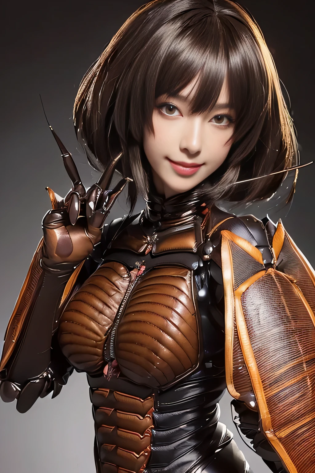 (High resolution,masterpiece,highest quality,Very detailed CG, anime, official art:1.4), realistic, photograph, amazing detail, everything is complicated, shiny and glossy,Amazing number of layers, 8K wallpaper, 3D, sketch, cute, figure,( alone:1.4), perfect female proportions,villain&#39;s daughter, (Fusion of dark brown cockroach and lady:1.4), (brown cockroach woman:1.2), (brown cockroach woman:1.2), (Fusion:1.2), (alone:1.4), (evil smile:1.2), muscular, abs, (Cockroach brown exoskeleton bio insect suit:1.4), (Cockroach brown exoskeleton bio insect armor:1.2), (brown transparent cockroach feathers:1.4), (Antennae of brown cockroaches:1.3),