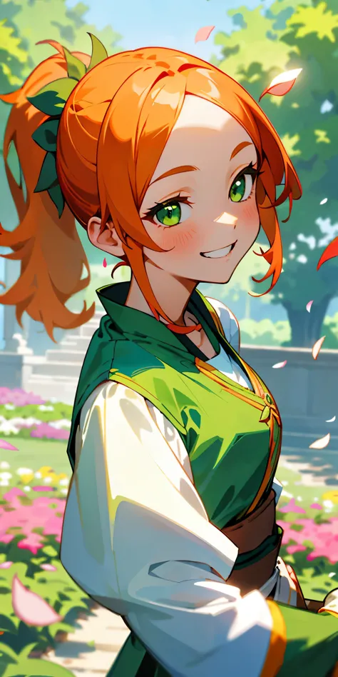 １girl、orange hair、shining green eyes、side ponytail、green peasant tunic、upper body close-up、the scenery in the background is a ga...