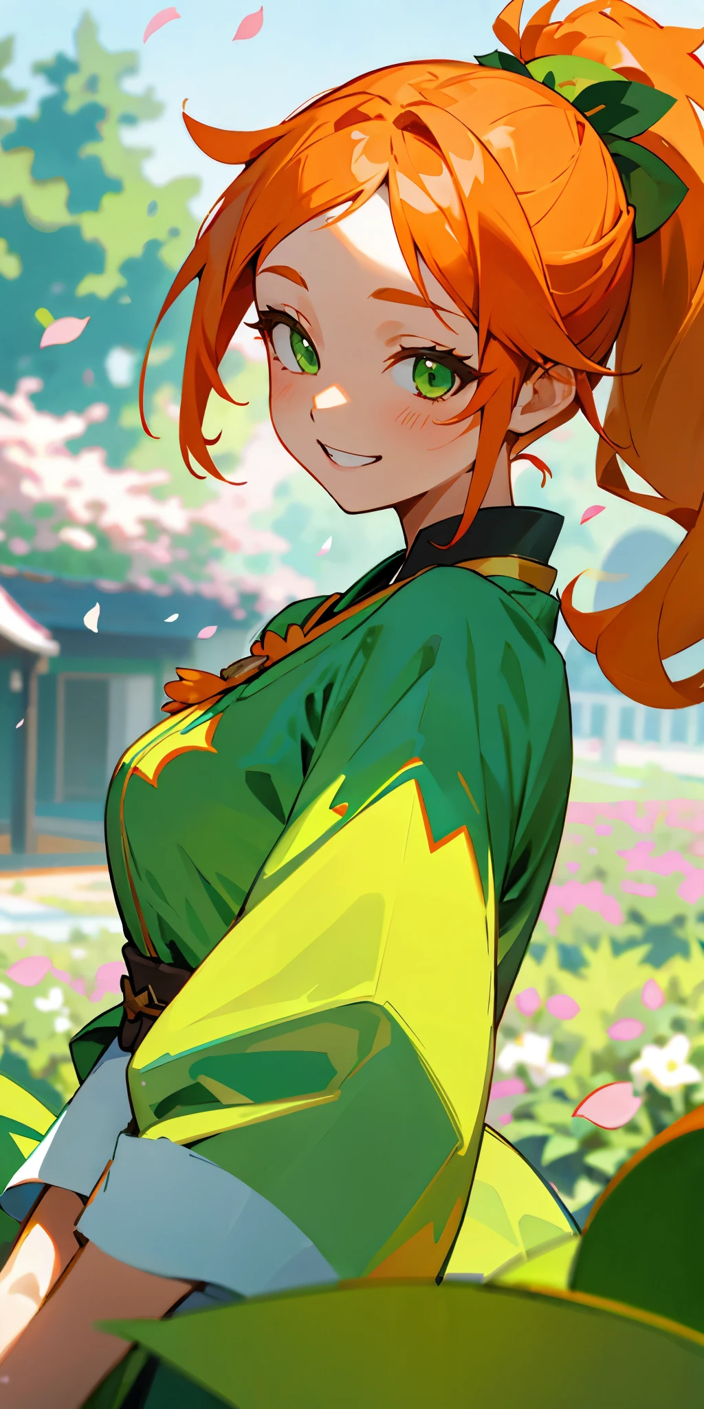 １girl、orange hair、shining green eyes、side ponytail、green peasant tunic、upper body close-up、The scenery in the background is a garden with dancing petals.、grin、From the side、painterly、sharp outline