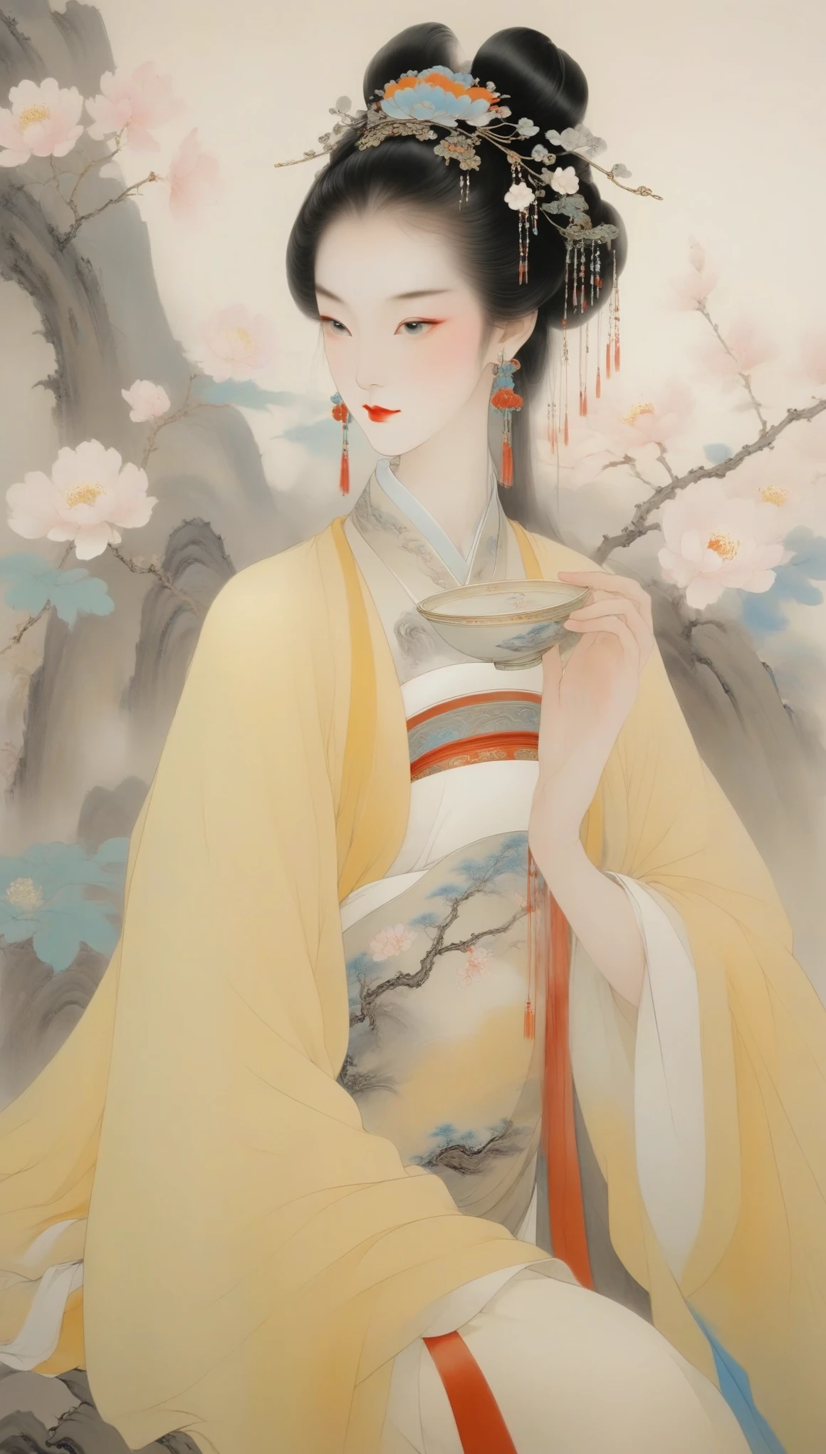 Wu Guanzhong，（Concubine Yang Guifei of Tang Dynasty in China is drinking），Chinese Tang Dynasty costumes，Yang Guifei is described as having exquisite facial features and a plump and well-proportioned body.。Her face is delicate，Have long, curved eyebrows，Resembling spring willow leaves，Eyes are big and full of energy，Eye corners raised slightly，The bridge of the nose is high and delicate，The small and rosy cherry mouth adds a lot of charm to her，Ears full and white，Hair is black and shiny，Highlights her fair skin。Height about 1.65 meters，Good figure，The body is graceful，Also good at singing and dancing，Know the rhythm。Wu Guanzhong兼取中西，His oil paintings are fresh、Bright，Full of national characteristics and lyrical meaning。Later he engaged in innovating ink painting，His paintings are somewhere between figuration and abstraction，Points to note、The rhythm of blending lines and ink blocks，With strong artistic personality and modern flavor。