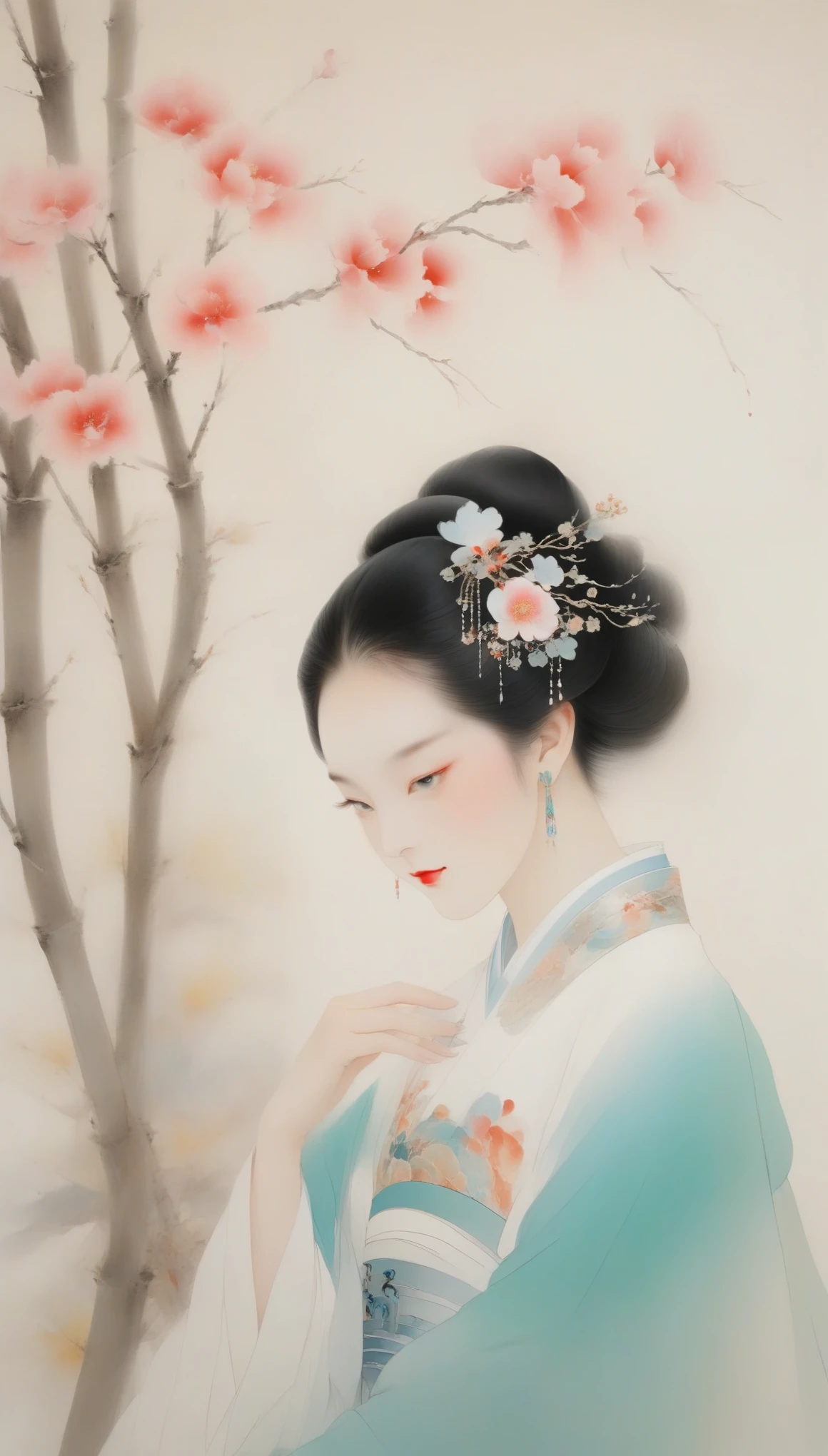 Wu Guanzhong，（中国春秋时期的美女西子正在河边浣纱：0.13），西子，她的身材苗条优雅，尤其是腰部纖細柔軟，给人一种温柔又温柔的感觉，皮膚白如雪，精緻的五官，尤其是眼睛明亮又充滿活力。她的臉型通常是橢圓形的，Liu Yemei，雙眼皮，春秋時期貴族流行的深衣長袍，深衣第一個特點是上下相連；寬型，&引用;寬腰帶&引用; 穿著舒適，又長又不拖地，下擺不開衩，肘部彎曲時可佩戴，袖長和臂長相等，用寬腰帶束住你的腰，中原貴族參加宴會時喜歡穿戴..
Wu Guanzhong兼取中西，他的油畫很清新、明亮的，富有民族特色和抒情意味。後從事水墨畫創新，他的畫介於具象和抽象之間，注意事項、線條與墨塊交融的韻律，具有濃厚的藝術個性與現代氣息。