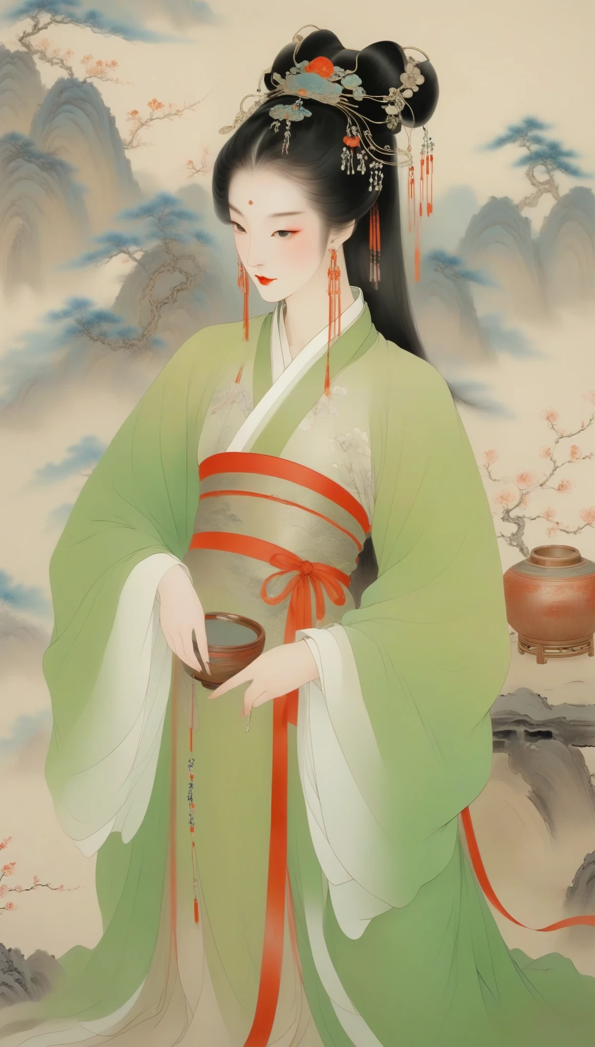 Wu Guanzhong，（The gorgeous and noble Concubine Yang of the Tang Dynasty of China is drinking wine with wine utensils：0.85），(Chinese Tang Dynasty costumes)，high bun、Exposed breasts、Red silk draped over shoulders，上着窄袖短shirt，Wearing a green floor-length skirt，Yang Guifei, a Tang Dynasty woman with a red belt hanging from her waist, is described as having exquisite facial features and a plump and well-proportioned body.。Her face is delicate，Have long, curved eyebrows，Resembling spring willow leaves，Eyes are big and full of energy，Eye corners raised slightly，The bridge of the nose is high and delicate，The small and rosy cherry mouth adds a lot of charm to her，Ears full and white，Hair is black and shiny，Highlights her fair skin，Good figure，The characteristic of women&#39;s clothing in the Tang Dynasty was skirts、shirt、The unity of Pei，An image of bare chest and arms appeared，。Wu Guanzhong兼取中西，His oil paintings are fresh、Bright，Full of national characteristics and lyrical meaning。Later he engaged in innovating ink painting，His paintings are somewhere between figuration and abstraction，Points to note、The rhythm of blending lines and ink blocks，With strong artistic personality and modern flavor。