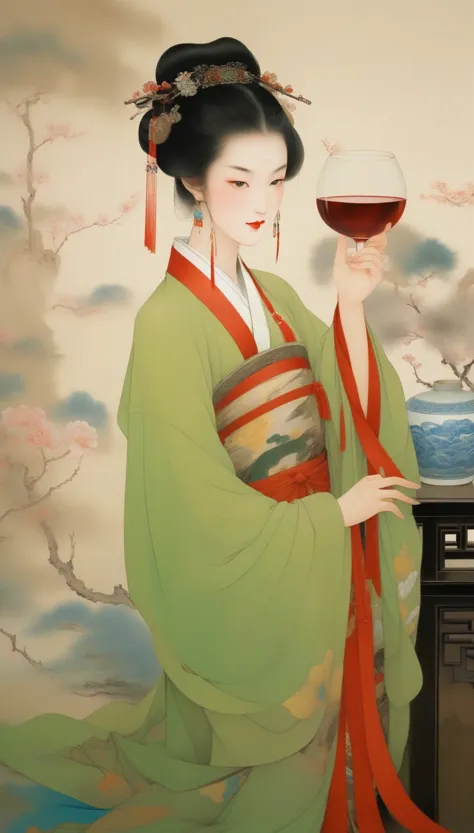 wu guanzhong，（the gorgeous and noble concubine yang of the tang dynasty of china is drinking wine with wine utensils：0.85），(chin...