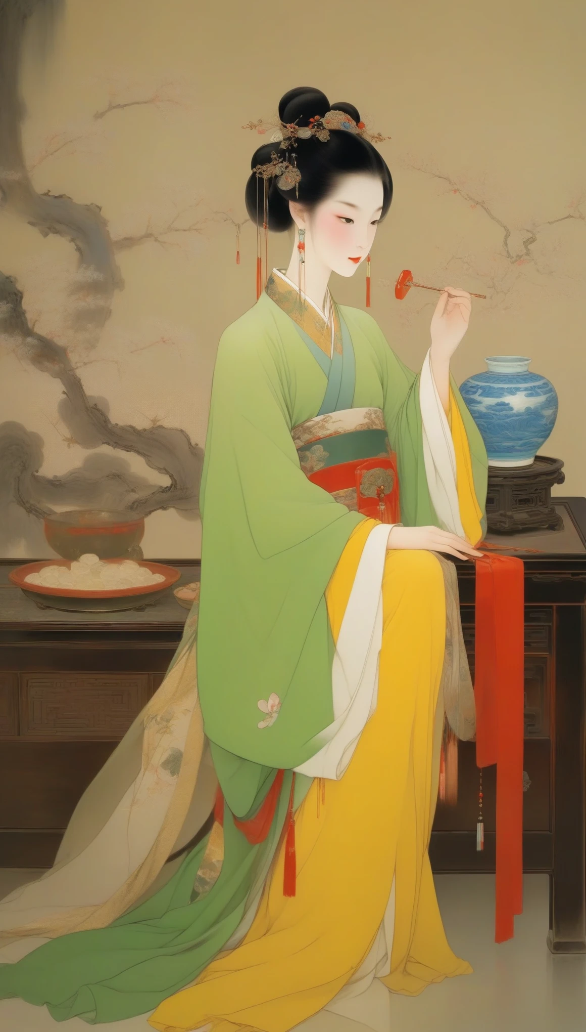 Wu Guanzhong，（The gorgeous and noble Concubine Yang of the Tang Dynasty of China is drinking wine：0.85），(Chinese Tang Dynasty red and gold costumes：0.65)，Ornate headdress，high bun、Exposed breasts、Red silk draped over shoulders，上着窄袖短shirt，Wearing a green floor-length skirt，Yang Guifei, a Tang Dynasty woman with a red belt hanging from her waist, is described as having exquisite facial features and a plump and well-proportioned body.。Her face is delicate，Have long, curved eyebrows，Resembling spring willow leaves，Eyes are big and full of energy，Eye corners raised slightly，The bridge of the nose is high and delicate，The small and rosy cherry mouth adds a lot of charm to her，Ears full and white，Hair is black and shiny，Highlights her fair skin，Good figure，The characteristic of women&#39;s clothing in the Tang Dynasty was skirts、shirt、The unity of Pei，An image of bare chest and arms appeared，。Wu Guanzhong兼取中西，His oil paintings are fresh、Bright，Full of national characteristics and lyrical meaning。Later he engaged in innovating ink painting，His paintings are somewhere between figuration and abstraction，Points to note、The rhythm of blending lines and ink blocks，With strong artistic personality and modern flavor。