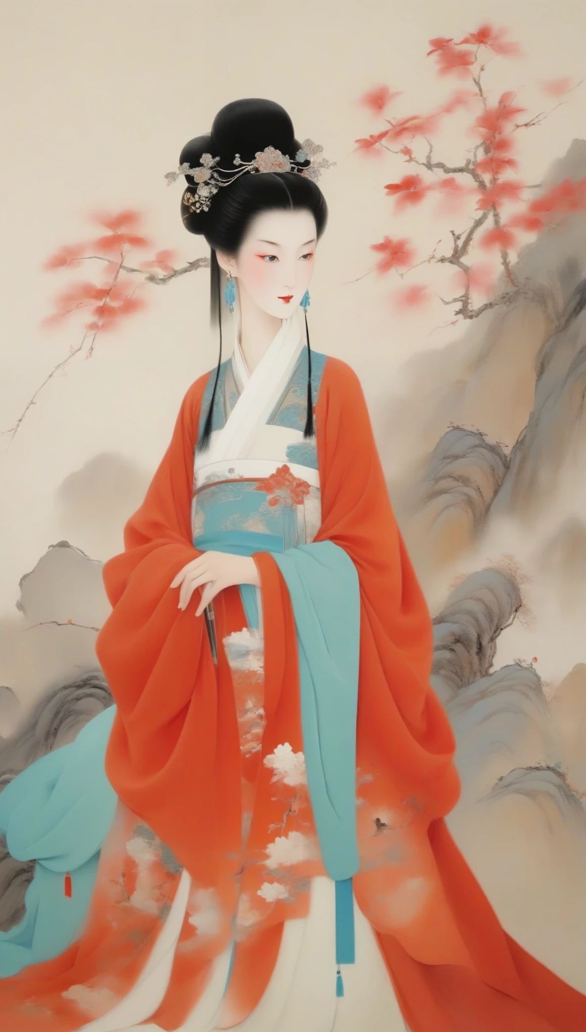 Wu Guanzhong，（The beautiful Queen Zhaojun of the Western Han Dynasty of China went out to the fortress：0.13），（whole body），（Han Dynasty red hooded cloak costume），Appearance plump and rounded，Round face shape，The eyes are not big，Small nose，Lips are red and slightly upturned，Has long black hair，background：Wu Guanzhong, a combination of Chinese and Western，His oil paintings are fresh、Bright，Full of national characteristics and lyrical meaning。Later he engaged in innovating ink painting，His paintings are somewhere between figuration and abstraction，Points to note、The rhythm of blending lines and ink blocks，With strong artistic personality and modern flavor。