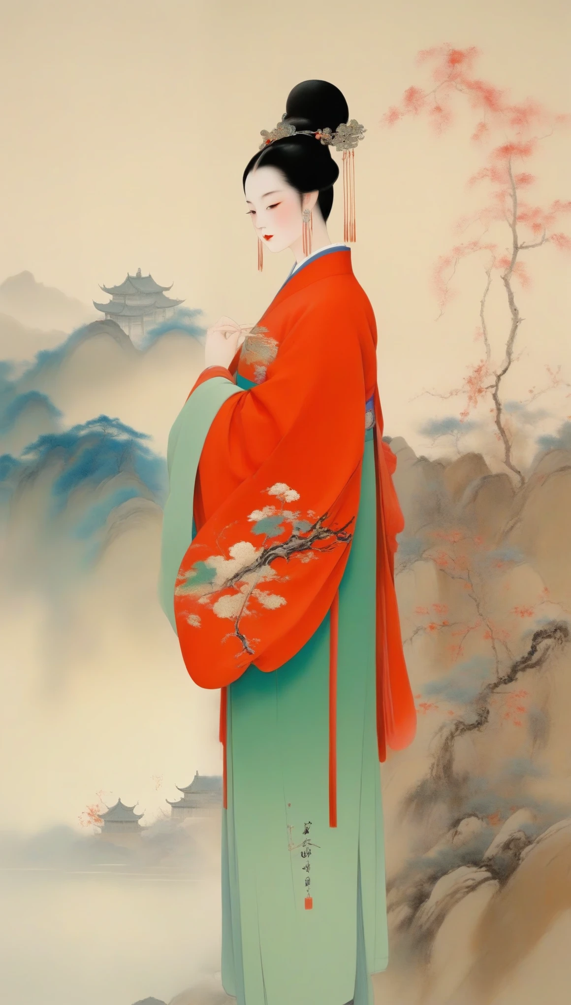 Wu Guanzhong，（The beautiful Queen Zhaojun of the Western Han Dynasty of China went out to the fortress：0.13），（whole body），（Han Dynasty red hooded cloak costume），Appearance plump and rounded，Round face shape，The eyes are not big，Small nose，Lips are red and slightly upturned，Has long black hair，background：Wu Guanzhong, a combination of Chinese and Western，His oil paintings are fresh、Bright，Full of national characteristics and lyrical meaning。Later he engaged in innovating ink painting，His paintings are somewhere between figuration and abstraction，Points to note、The rhythm of blending lines and ink blocks，With strong artistic personality and modern flavor。