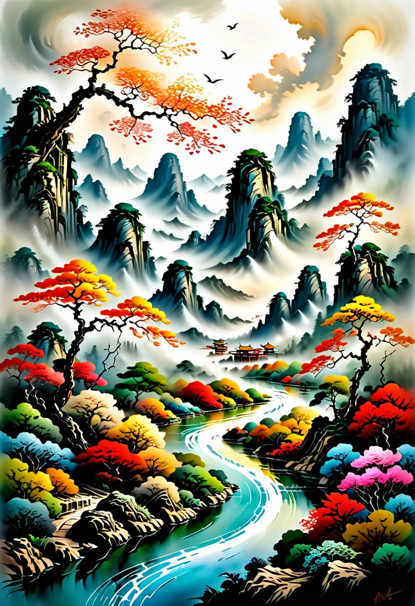 best quality,4k,8k,highres,masterpiece:1.2,ultra-detailed,realistic:1.37,Wu Guanzhong,Impressionistic ink wash painting,colorful,expressive brushstrokes,serene nature,tranquil landscapes,mountains and rivers,peaceful birds and flowers,dynamic energy,harmonious balance,modern Chinese art scene,reflections and water,ethereal atmosphere,calligraphic lines,splashes of ink,distinctive artistic style,poetic interpretations of nature,fusion of traditional and Western elements,traditional Chinese painting techniques,large-scale canvases,layered composition,vibrant colors,abstraction and representation,visual storytelling,serene moments in nature,contemplative mood,subtle details,contrast between light and shadow,balance of empty and full spaces,depiction of movement,gestural brushwork,atmospheric perspective,emotional resonance,spiritual connection with nature.