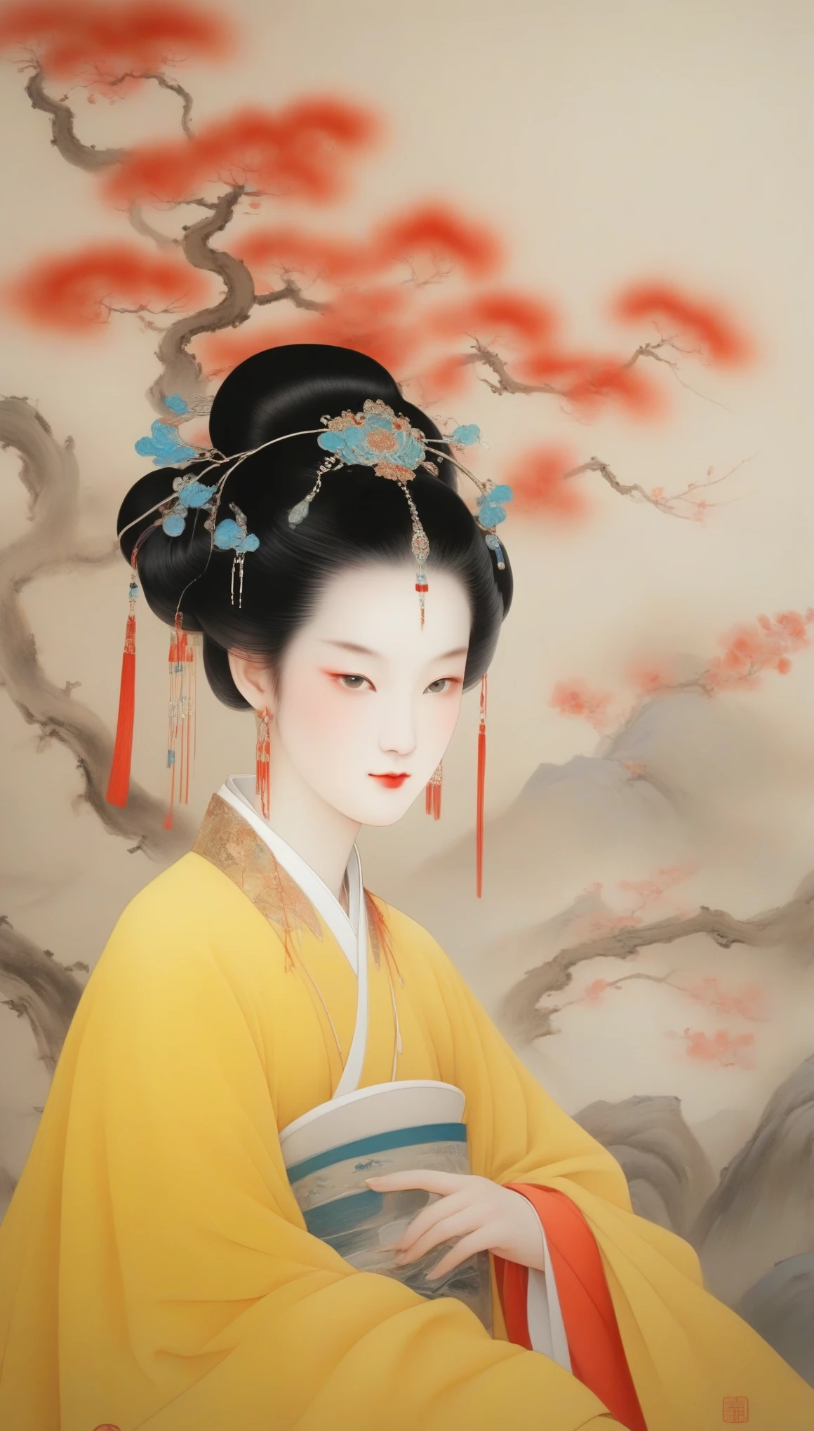 Wu Guanzhong，（La bella reina Zhaojun de la dinastía Han Occidental de China salió a la fortaleza.：0.13），（todo el cuerpo），（Disfraz de capa con capucha roja de la dinastía Han），（laúd），（Terciopelo）（ropa de visón），fondo是大漠容貌较为丰腴圆润，forma de cara redonda，Los ojos no son grandes，nariz pequeña，Labios rojos y ligeramente respingones.，Tiene el pelo largo y negro，fondo：Nieve fuera de la Gran Muralla Wu Guanzhong combina lo chino y lo occidental，Sus pinturas al óleo son frescas.、brillante，Lleno de características nacionales y significado lírico.。Posteriormente se dedicó a la pintura con tinta innovadora.，Sus pinturas se sitúan entre la figuración y la abstracción.，Puntos a tener en cuenta、El ritmo de la fusión de líneas y bloques de tinta.，Con fuerte personalidad artística y sabor moderno.。