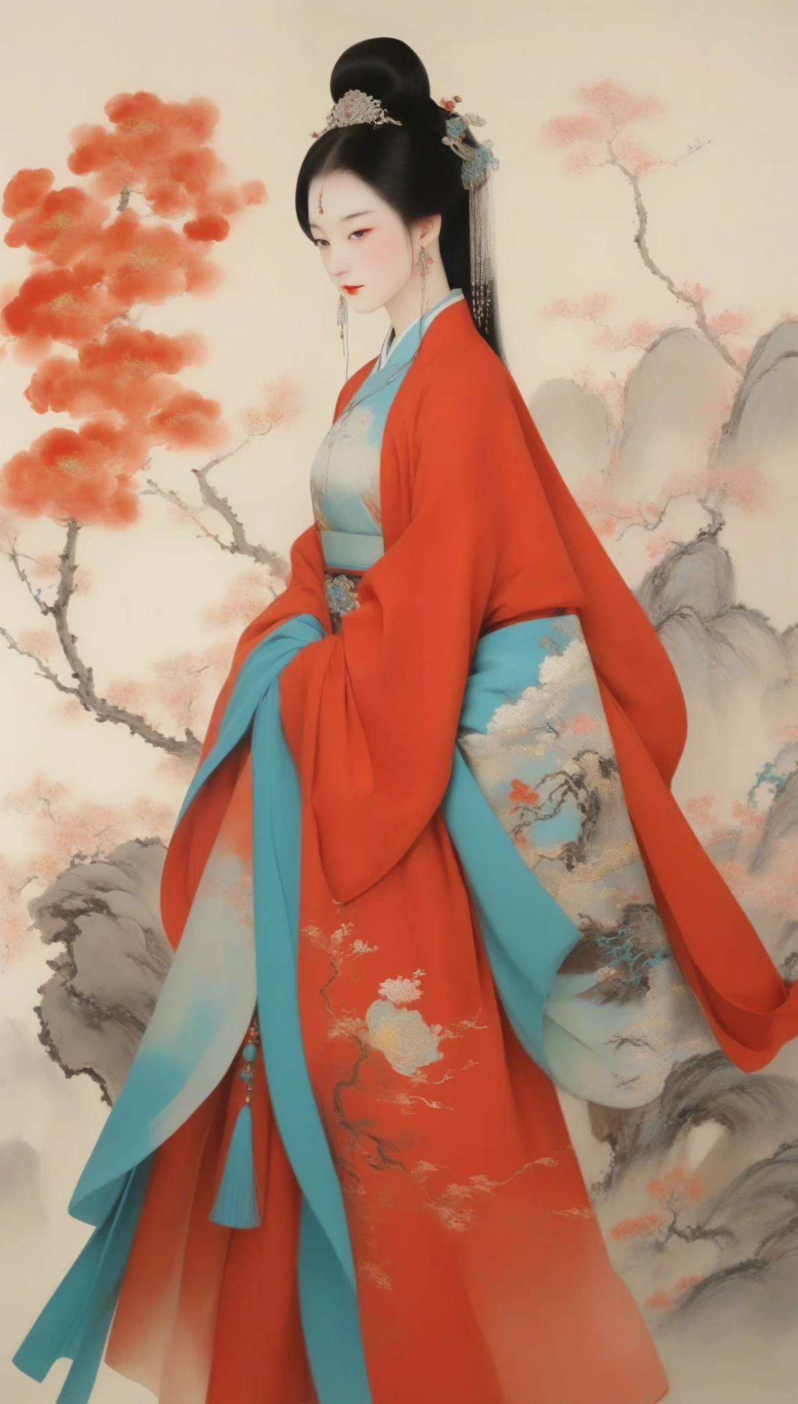Wu Guanzhong&#39;s works，（The beautiful Queen Zhaojun of the Western Han Dynasty of China went out to the fortress：0.13），（whole body），（Han Dynasty red hooded cloak costume），Appearance plump and rounded，Round face shape，The eyes are not big，Small nose，Lips are red and slightly upturned，Has long black hair，background：Wu Guanzhong conquered both China and the West outside the Great Snow，His oil paintings are fresh、Bright，Full of national characteristics and lyrical meaning。Later he engaged in innovating ink painting，His paintings are somewhere between figuration and abstraction，Points to note、The rhythm of blending lines and ink blocks，With strong artistic personality and modern flavor。